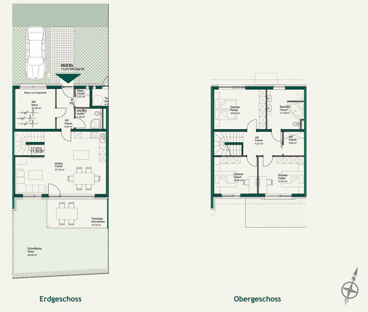 Detaillierter Grundriss eines Reihenhauses mit Erdgeschoss und Obergeschoss.