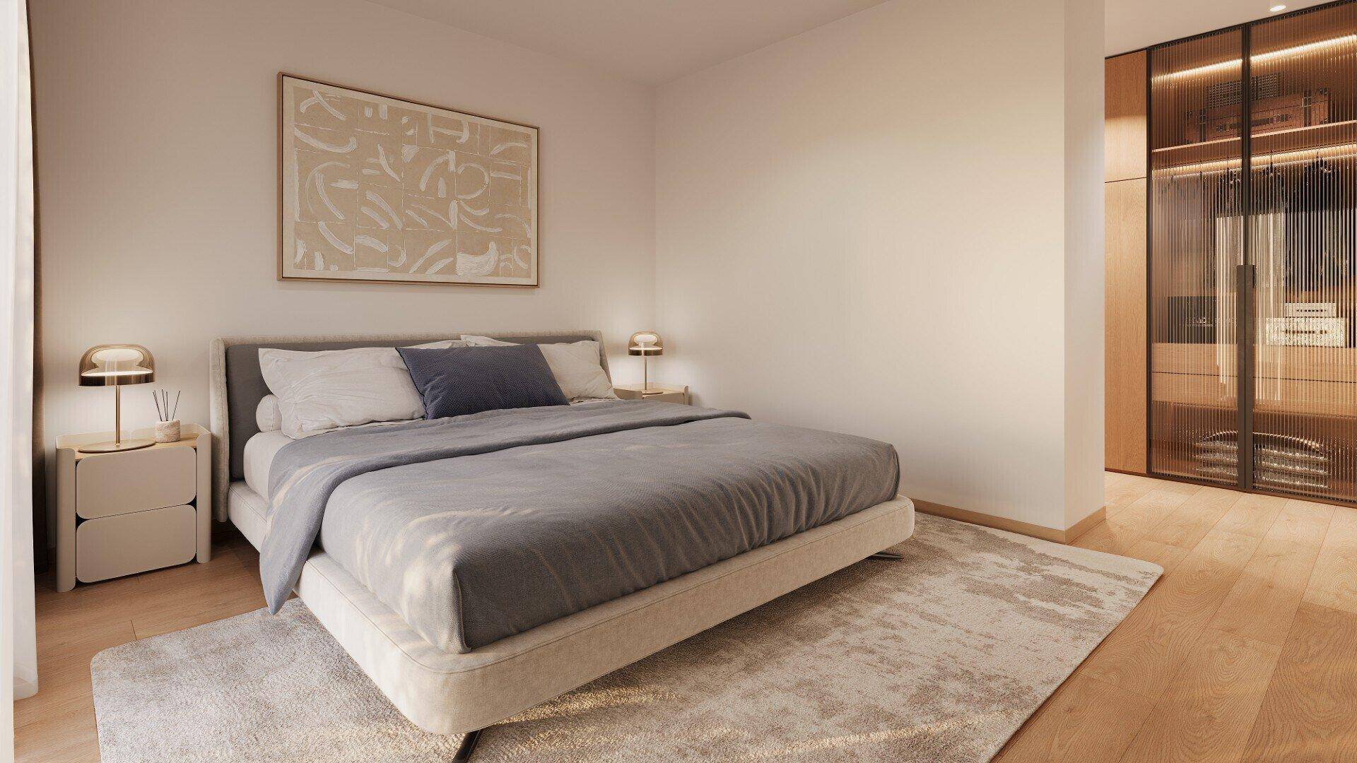 Helles Schlafzimmer mit modernem Bett, Holzboden und integriertem Kleiderschrank.