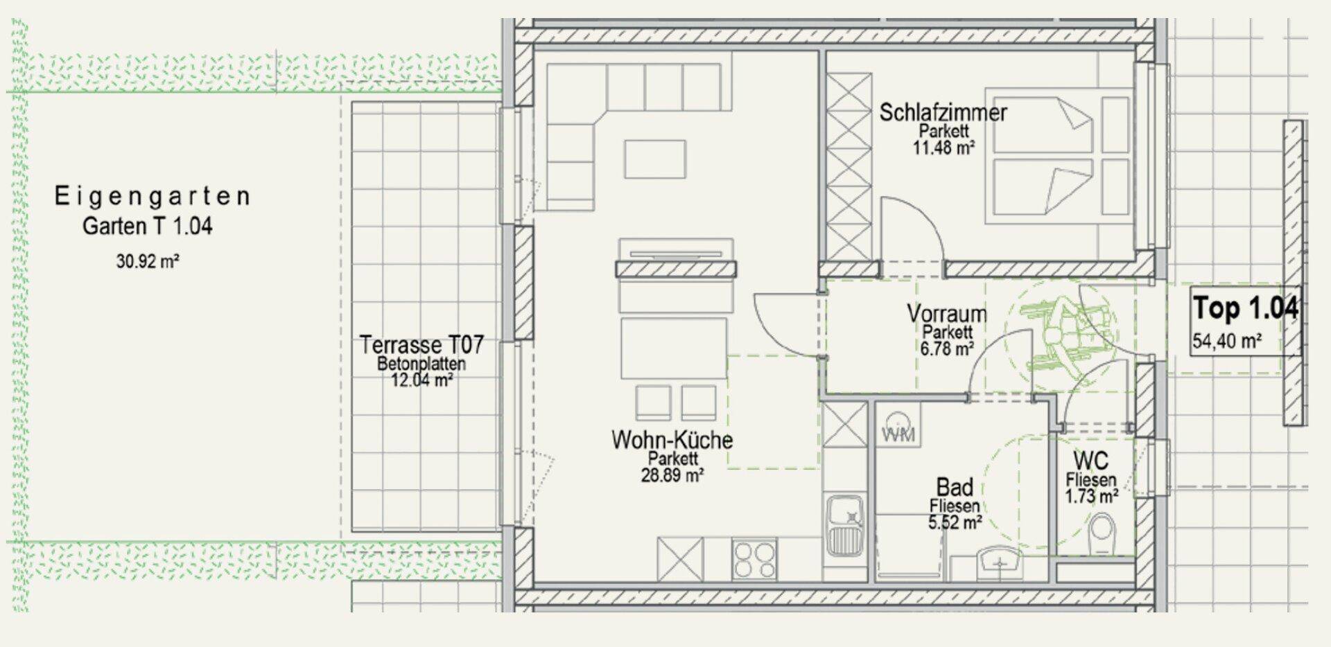 Grundriss einer Wohnung mit offener Wohn-Küche, Schlafzimmer, Bad, Terrasse und Garten.