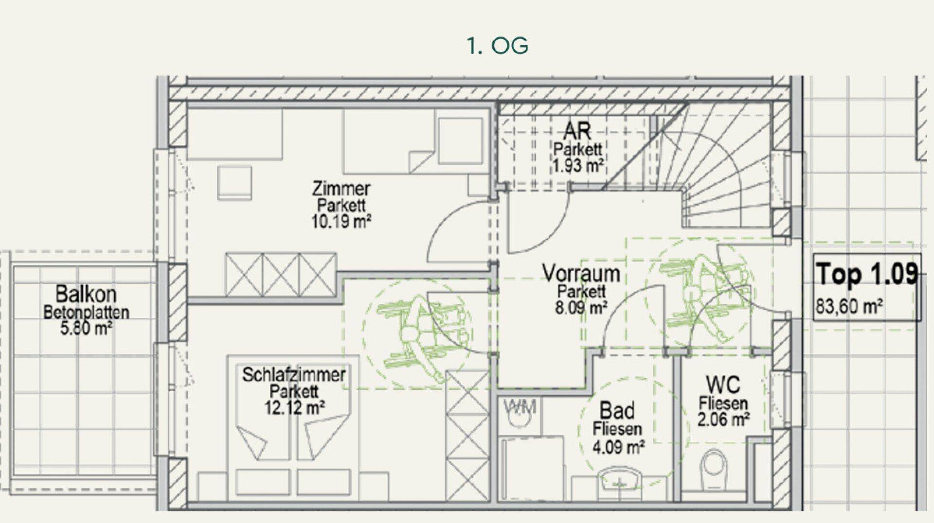 Grundriss des ersten Obergeschosses mit Schlafzimmer, Bad, WC und Balkon.