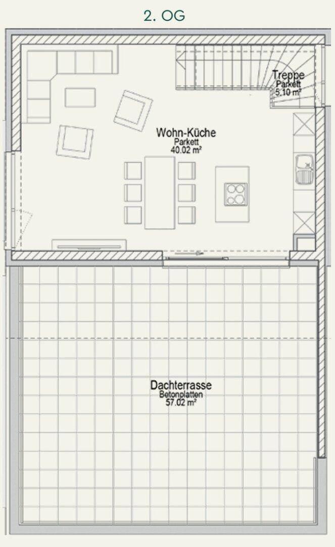 Grundriss des zweiten Obergeschosses mit offener Wohnküche und großer Dachterrasse.