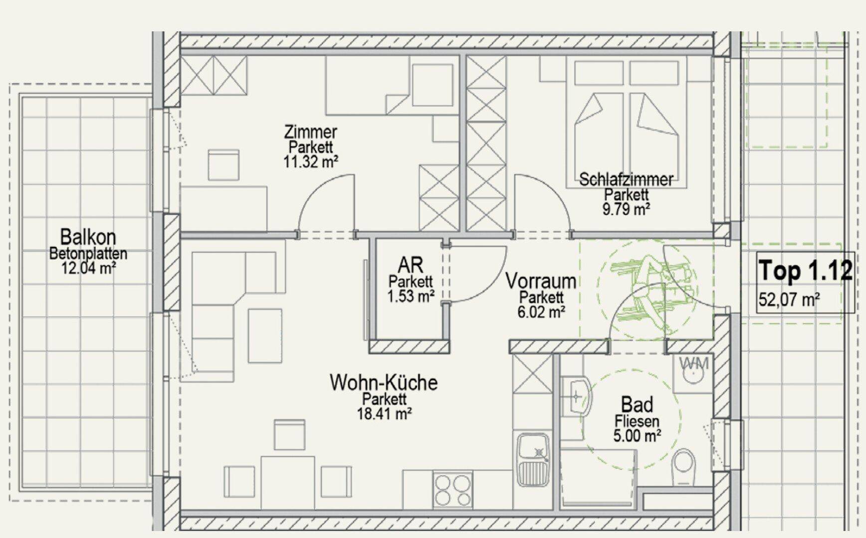 Detaillierter Grundriss einer Wohnung mit Wohn-Küche, Schlafzimmer, Zimmer und großem Balkon.