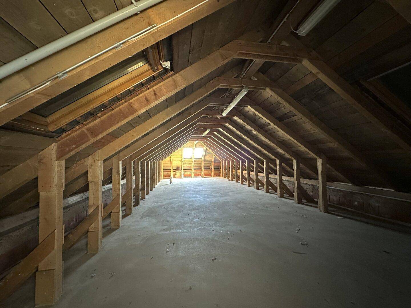 Unausgebauter Dachboden mit sichtbaren Holzbalken und Dachfenstern, bietet Ausbaupotenzial.