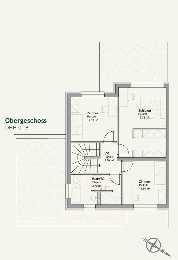Grundriss des Obergeschosses mit drei Schlafzimmern, einem Badezimmer und Flur.