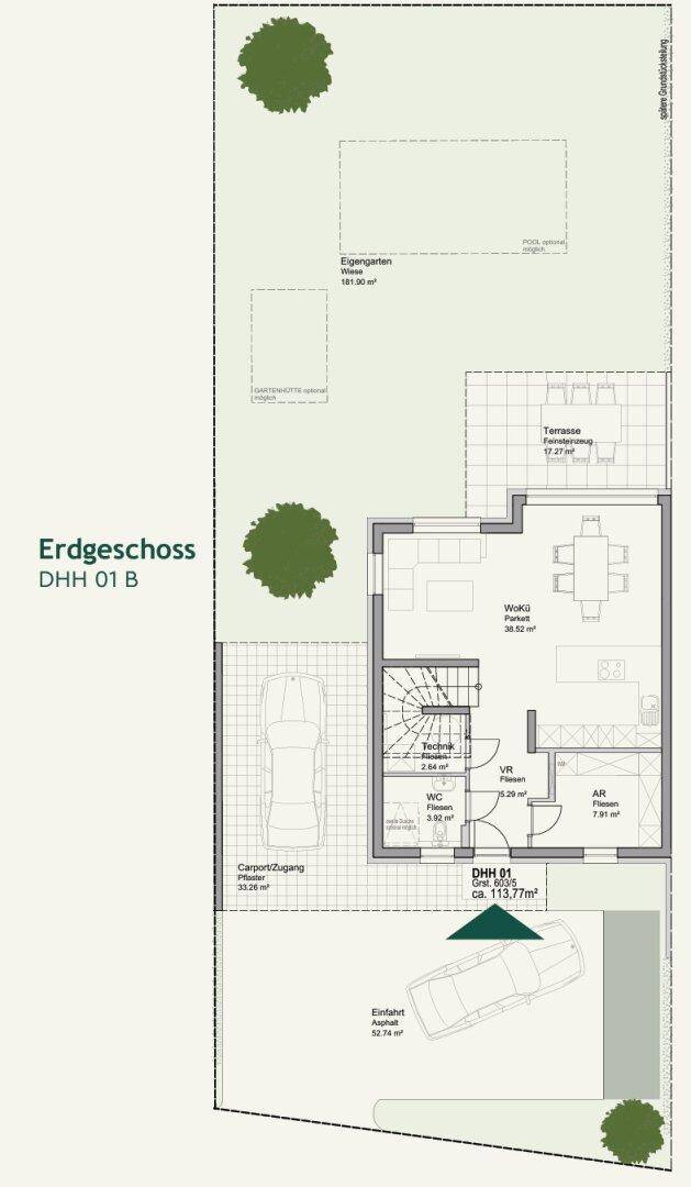 Grundriss des Erdgeschosses mit offenem Wohn-Essbereich, Küche, Gäste-WC, Terrasse, Garten und Carport.