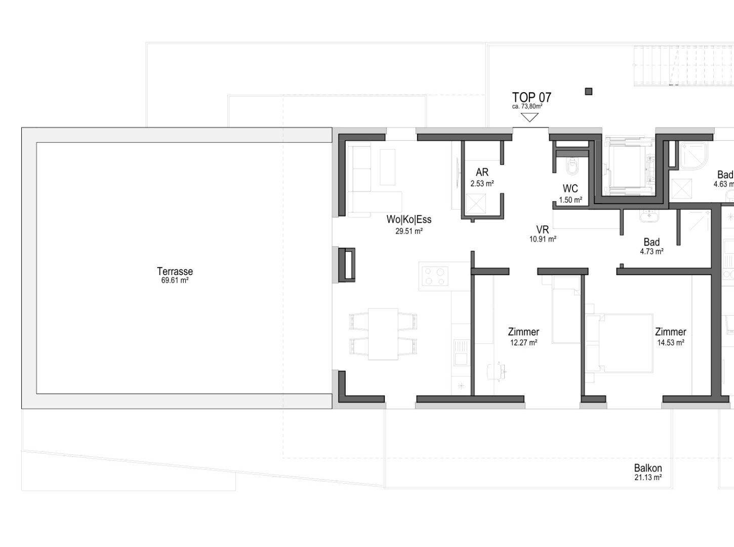 Grundriss einer Wohnung mit offenem Wohn-Essbereich, zwei Schlafzimmern, zwei Bädern, separatem WC, großer Terrasse und Balkon.