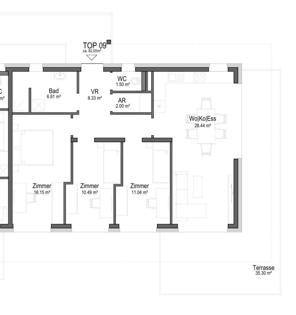 Detaillierter Grundriss einer 82m² Wohnung mit drei Schlafzimmern, offenem Wohnbereich, Bad, separatem WC und großer Terrasse.