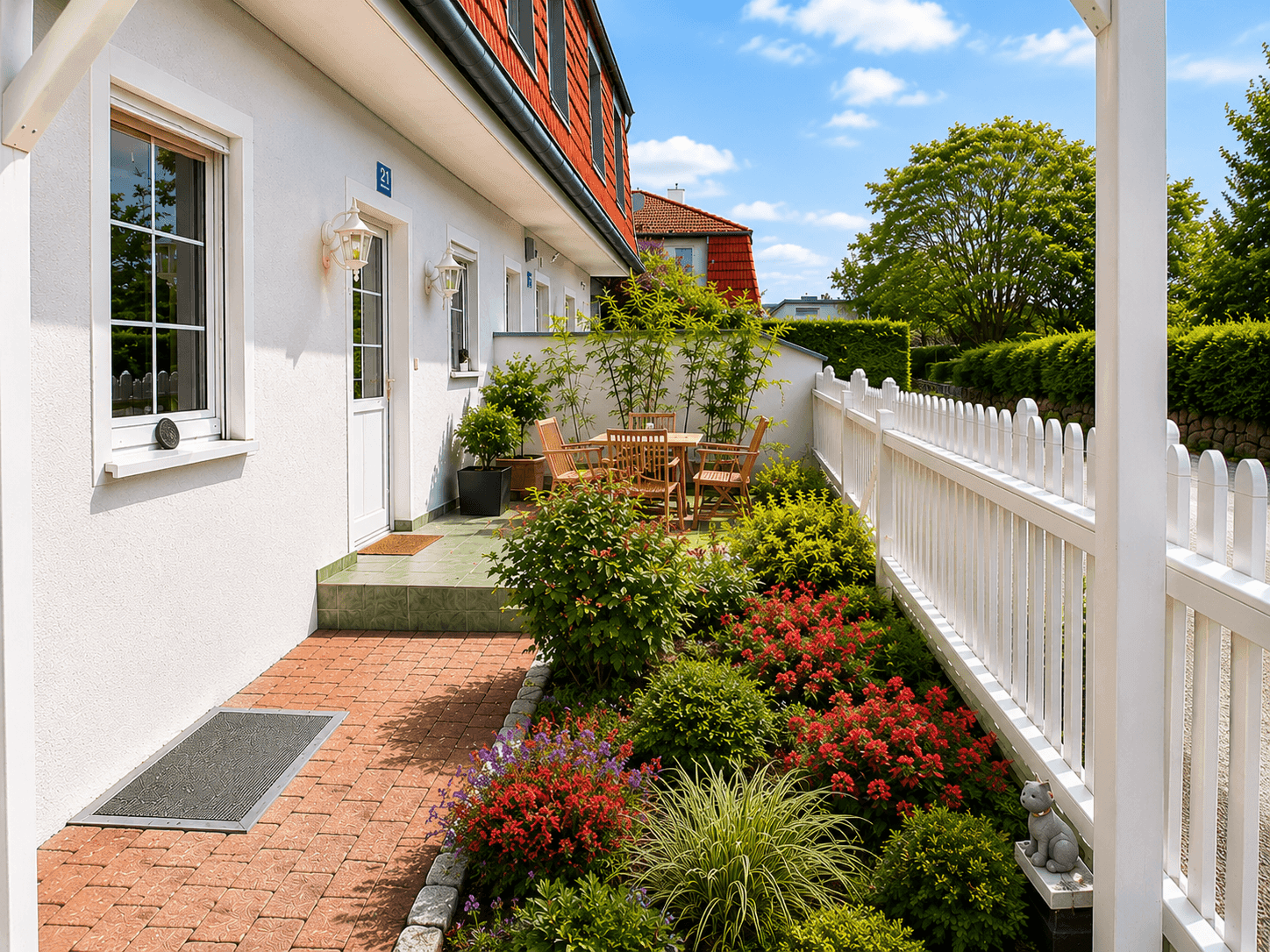 Gemütliche Terrasse mit Gartenmöbeln, umgeben von Blumenbeeten und einem weißen Zaun.