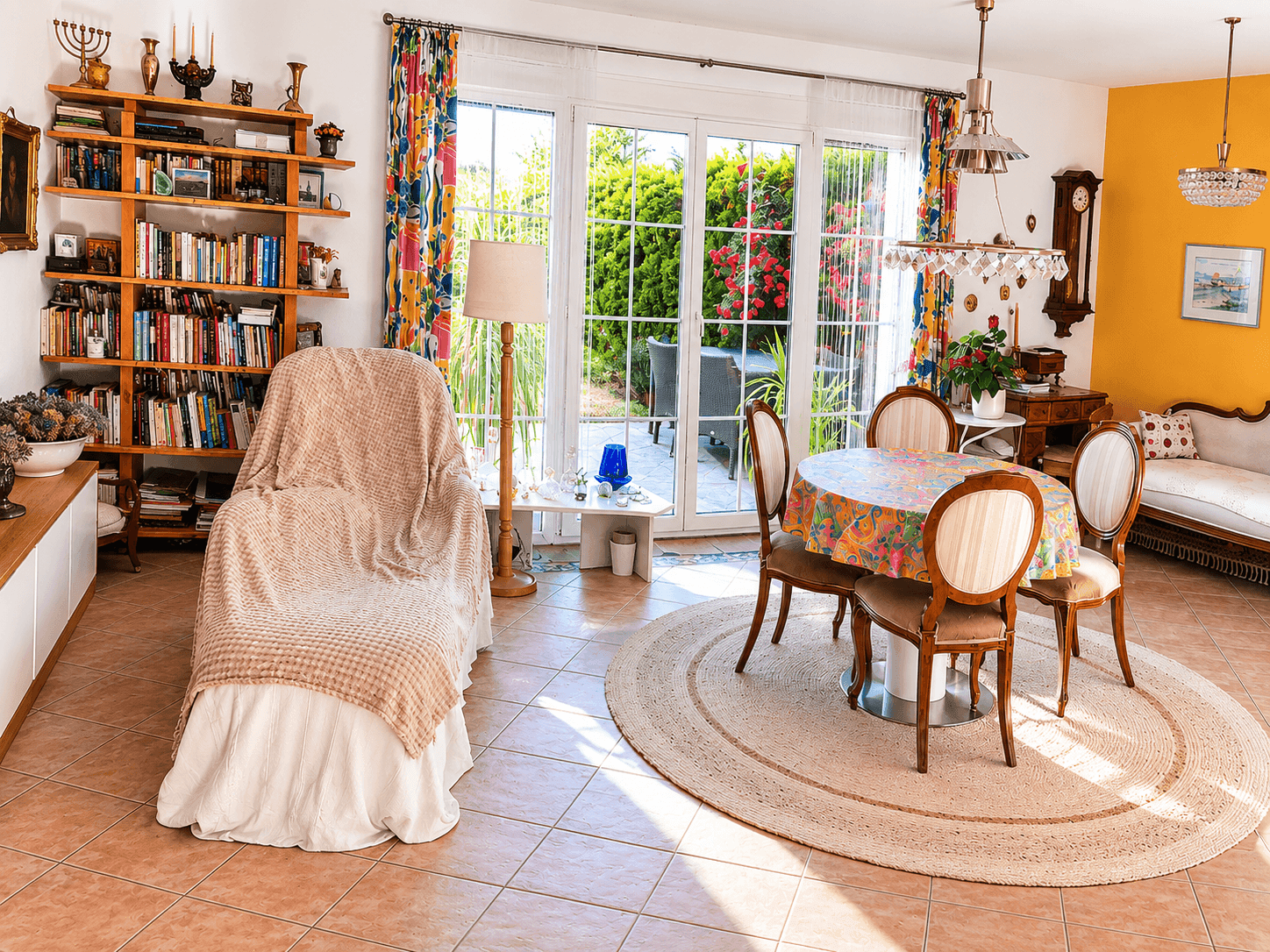 Gemütlicher Wohn- und Essbereich mit Fliesenboden, Bücherregal und direktem Gartenzugang.