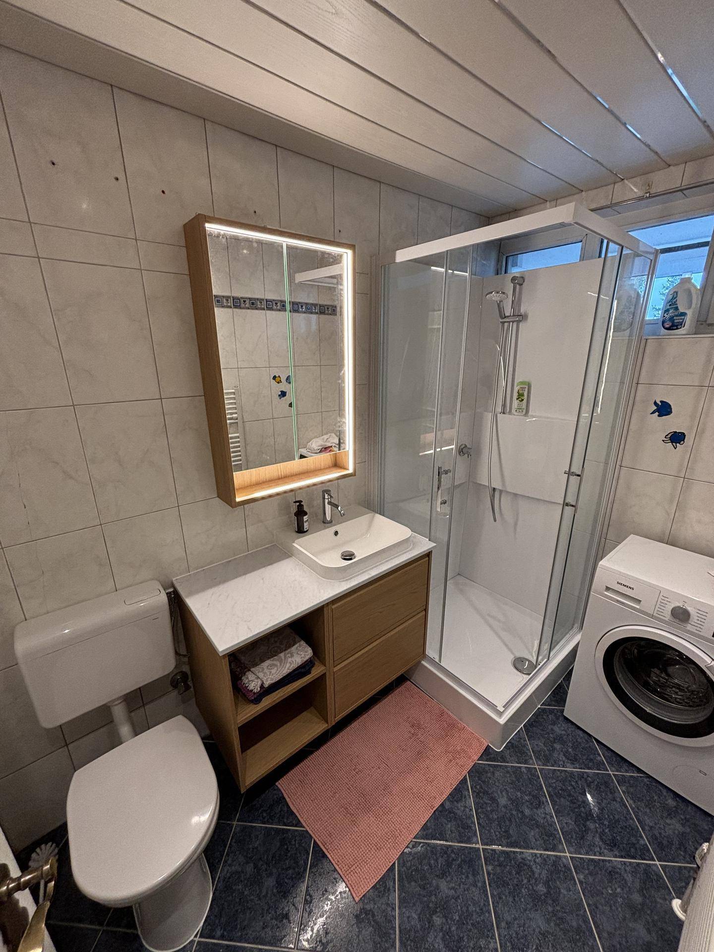 Modernes Badezimmer mit Duschkabine, Waschtisch, WC und Waschmaschine.