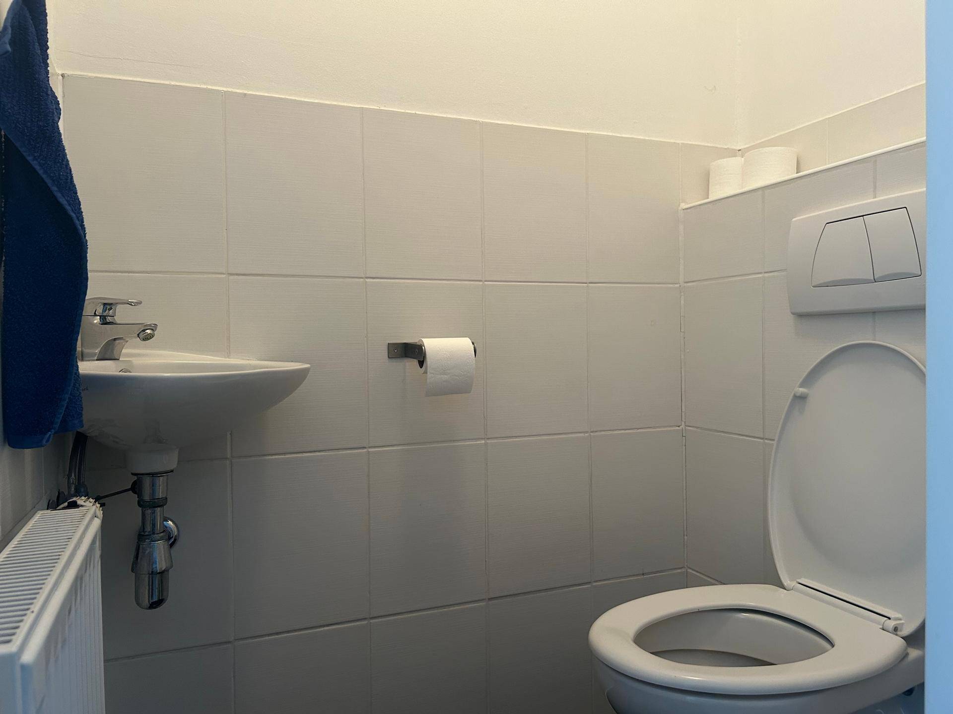 Kleines Gäste-WC mit weißen Fliesen, wandhängendem WC und Handwaschbecken.
