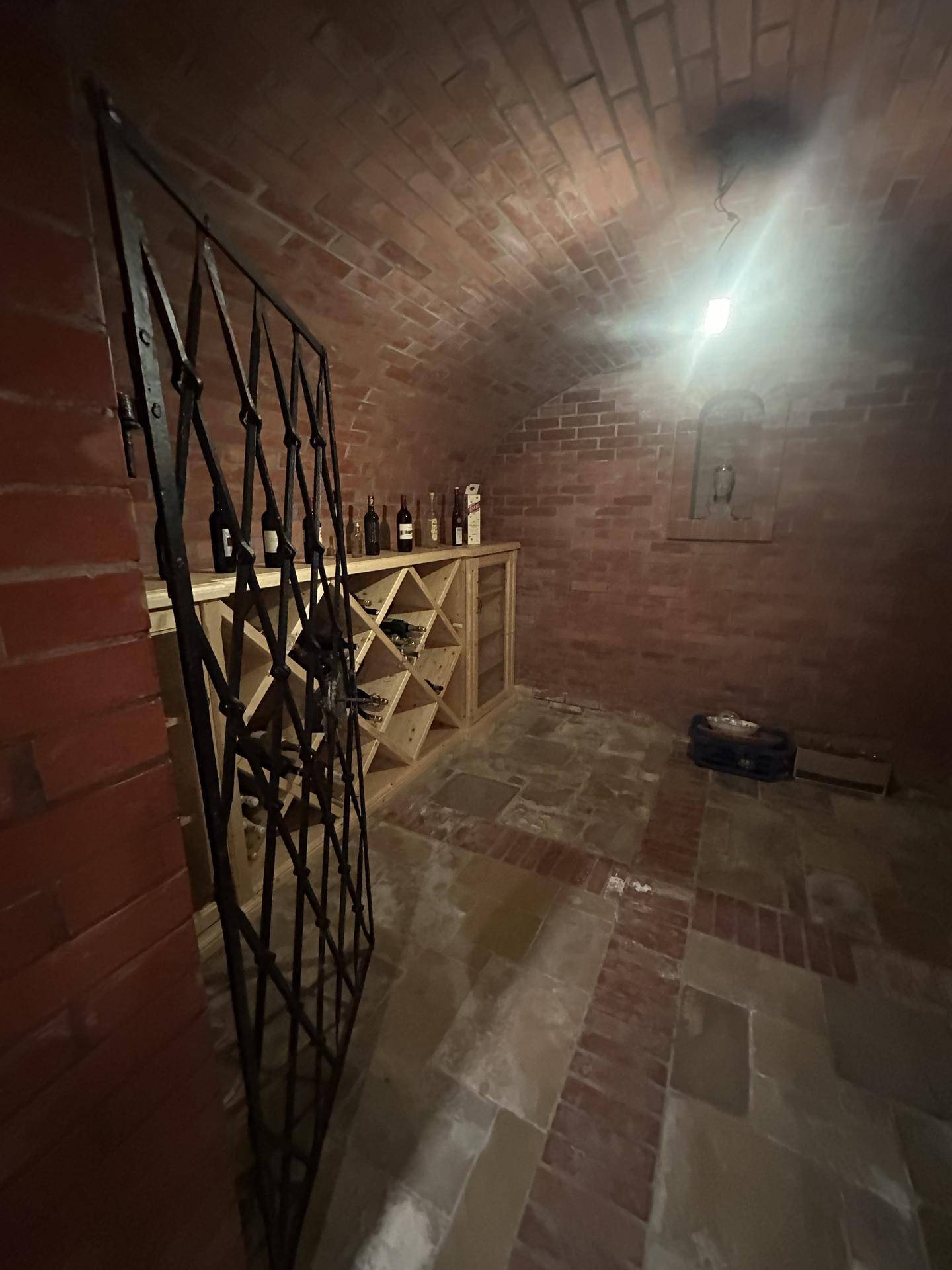 Historischer Weinkeller mit Ziegelgewölbedecke, Fliesenboden und Holzregalen hinter einem schmiedeeisernen Tor.