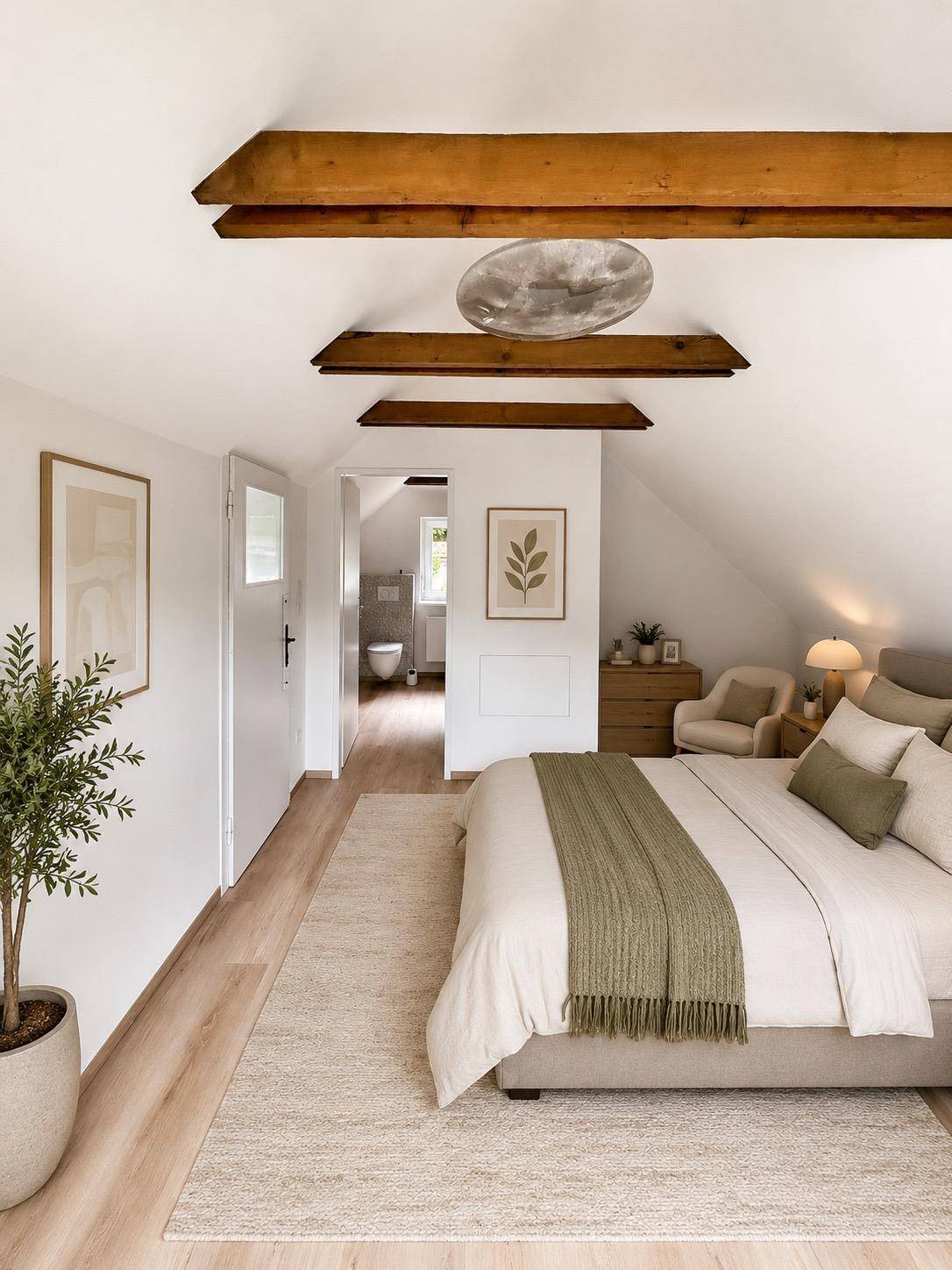 Helles Schlafzimmer im Dachgeschoss mit sichtbaren Holzbalken und Zugang zum modernen Bad.