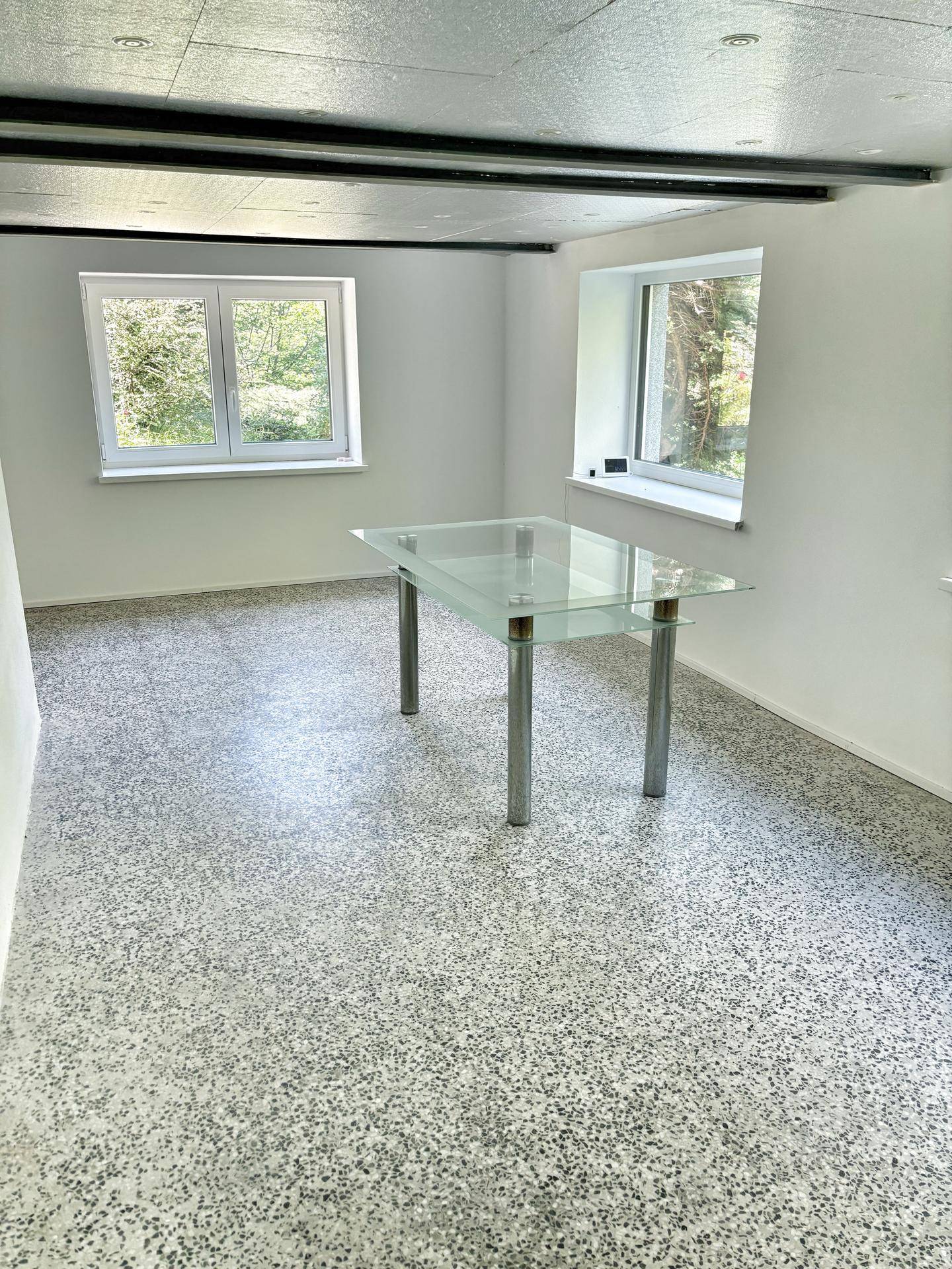 Heller Raum im Untergeschoss mit Terrazzoboden und Blick ins Grüne, ideal als Hobby- oder Essbereich.