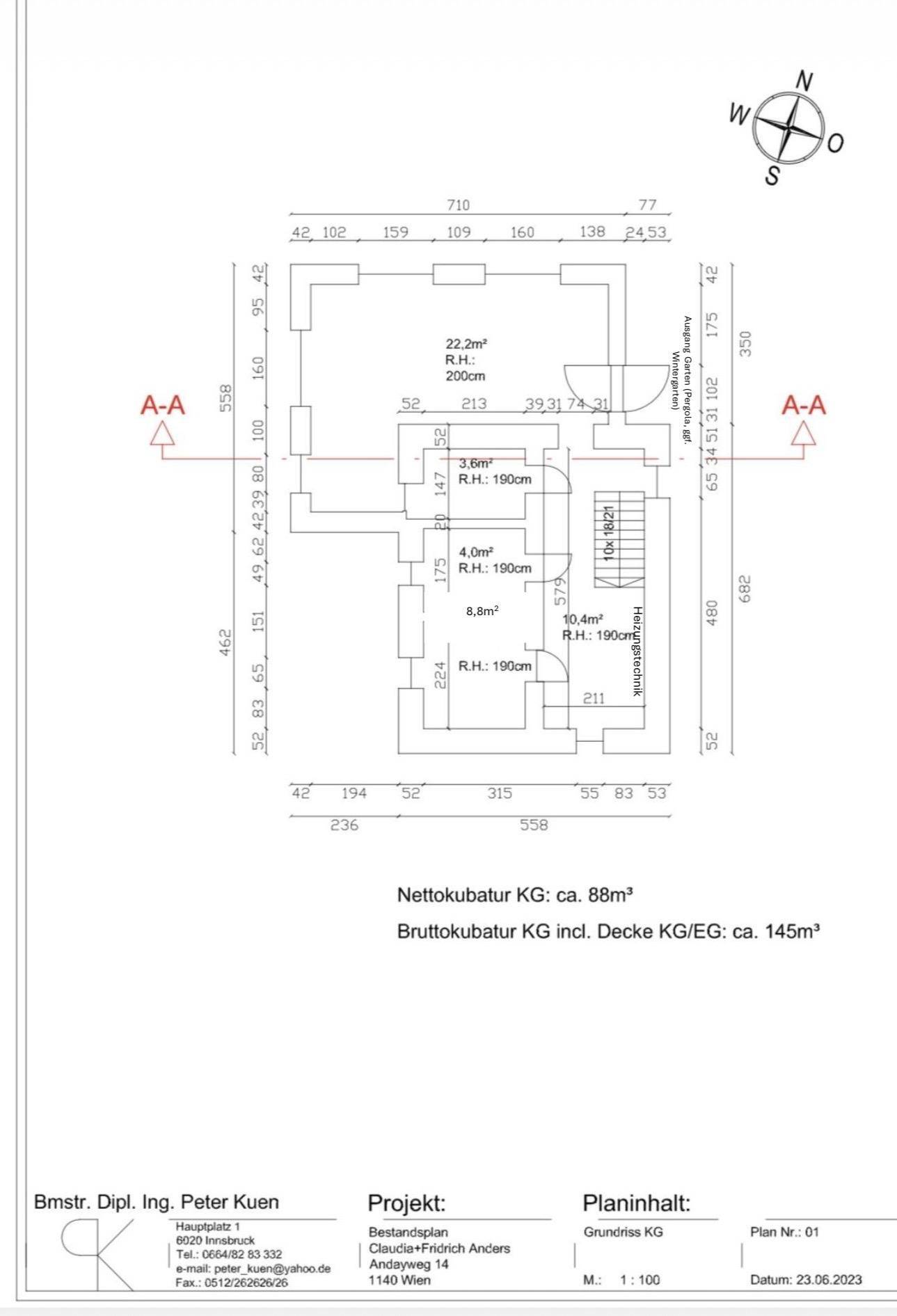 Grundriss des Kellergeschosses mit Abstellräumen und Technikbereich.