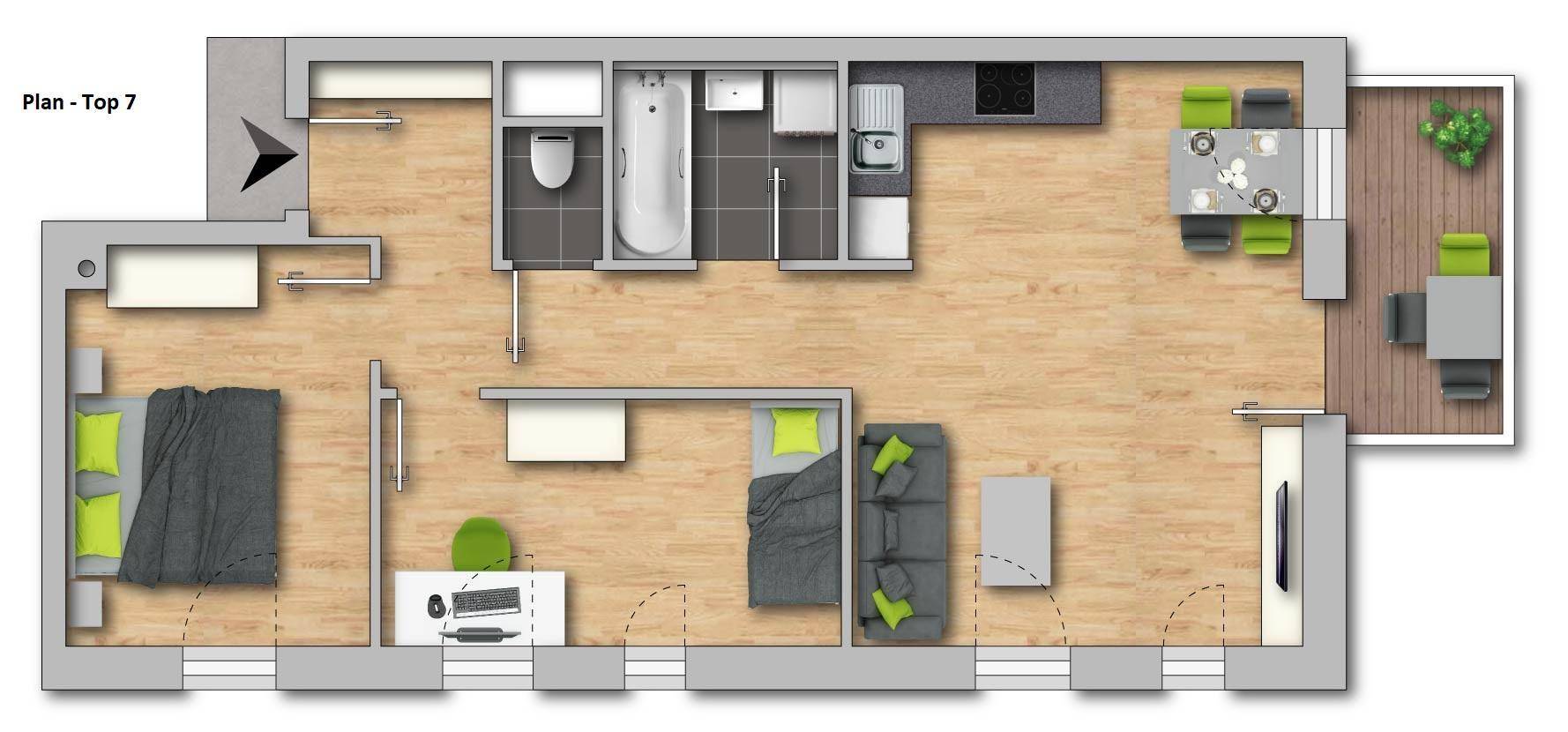 Detaillierter Grundriss einer Wohnung mit zwei Schlafzimmern, offenem Wohnbereich und Balkon.