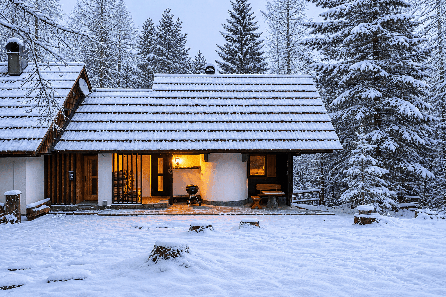Winterliche Ansicht eines charmanten Chalets mit verschneitem Dach und Grillbereich im Freien.