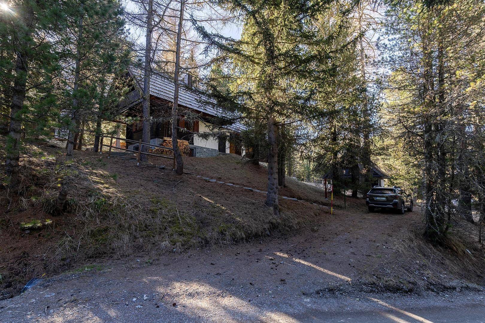 Chalet in bewaldeter Hanglage mit unbefestigter Zufahrt und umgebenden Bäumen.