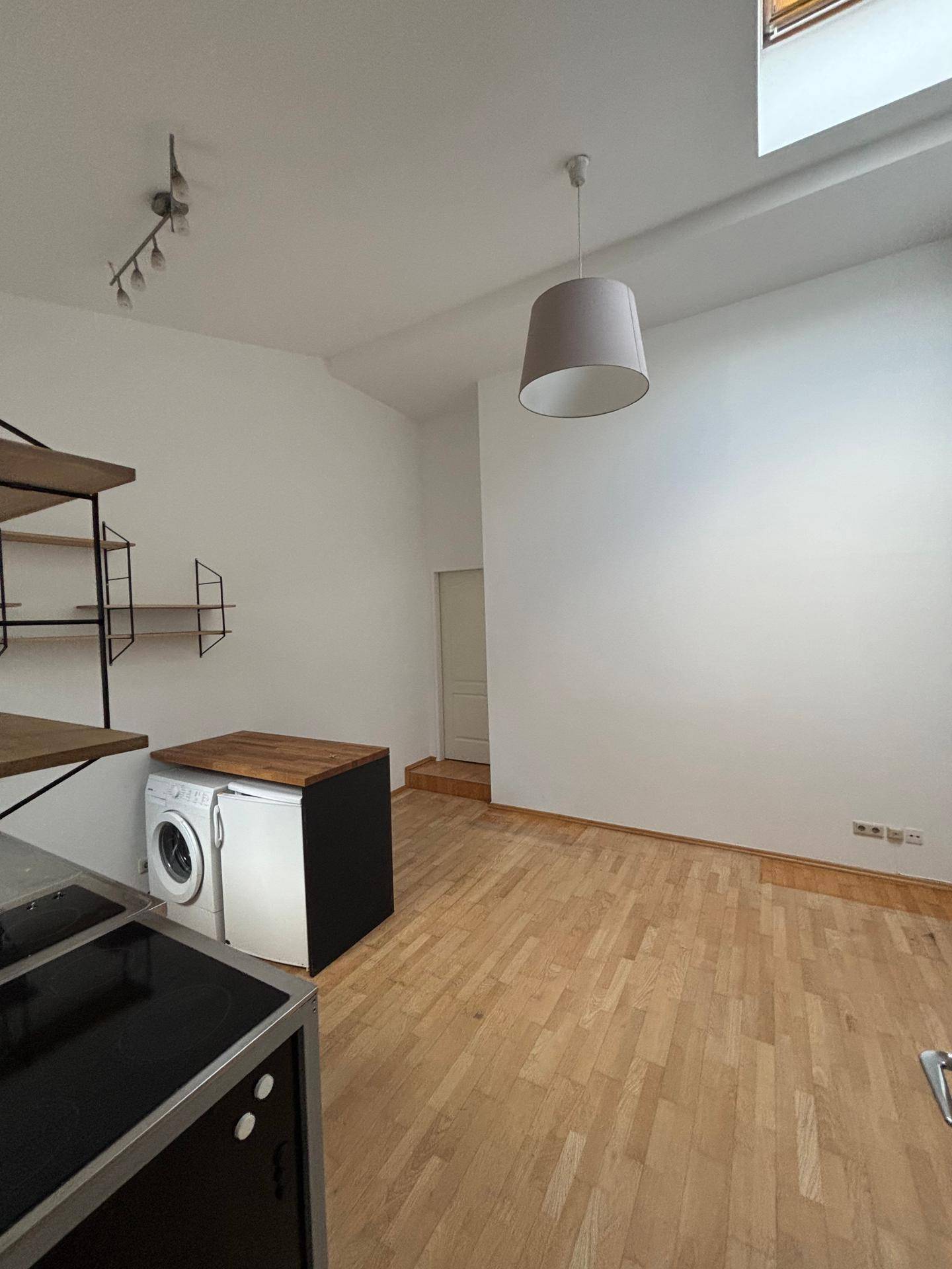 Heller offener Wohnbereich mit Küchenzeile, Holzboden und viel natürlichem Licht durch das Dachfenster.
