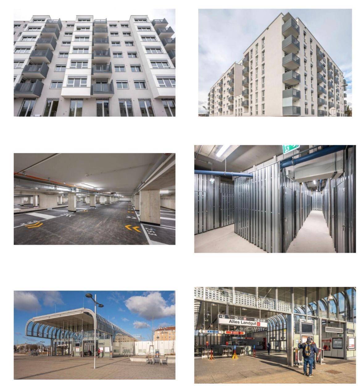 Moderne Wohngebäude mit Balkonen, Tiefgarage, Abstellräumen und Anbindung an öffentliche Verkehrsmittel.