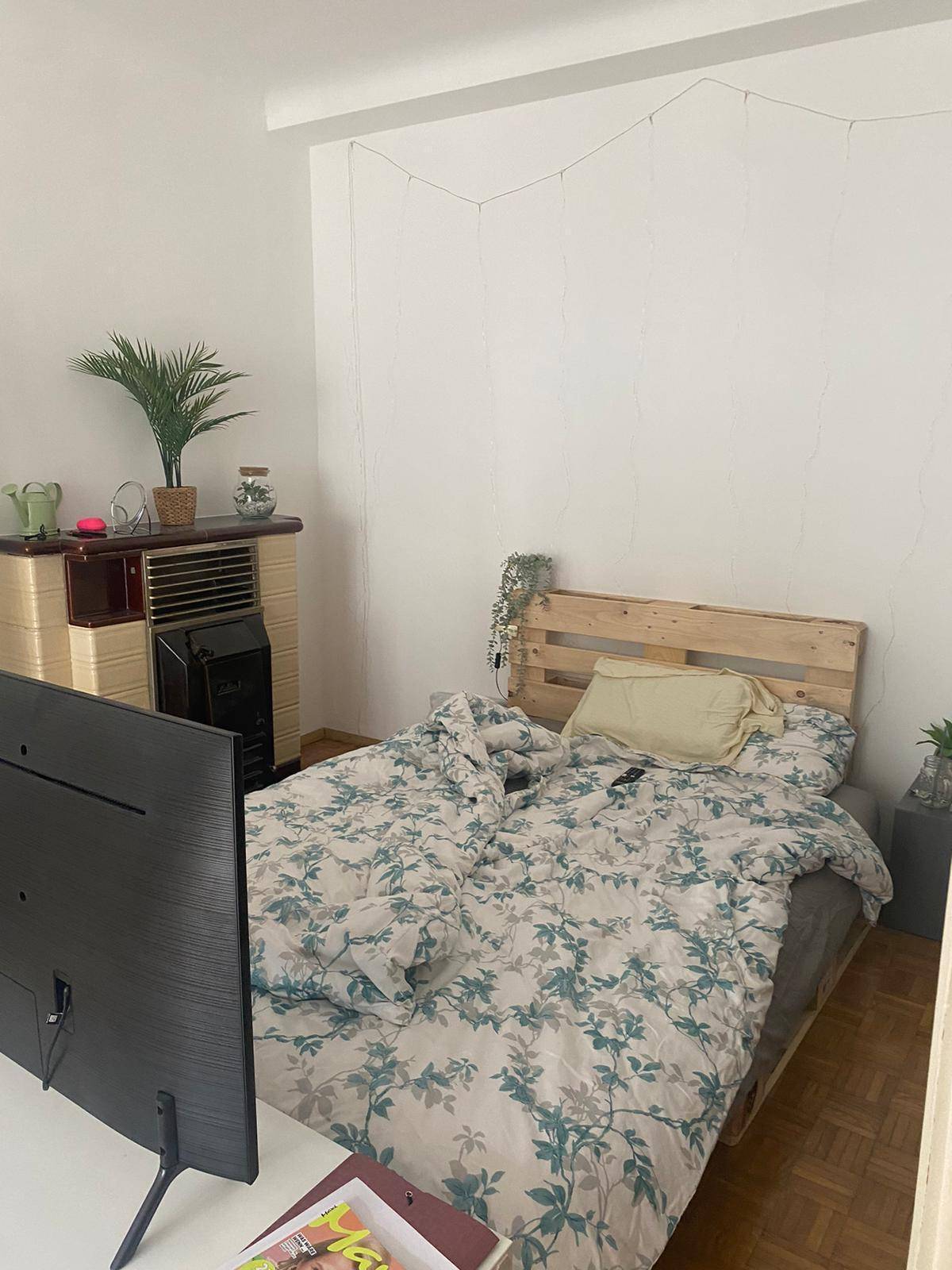 Schlafzimmer mit Palettenbett, Fernseher und dekorativem Heizelement.
