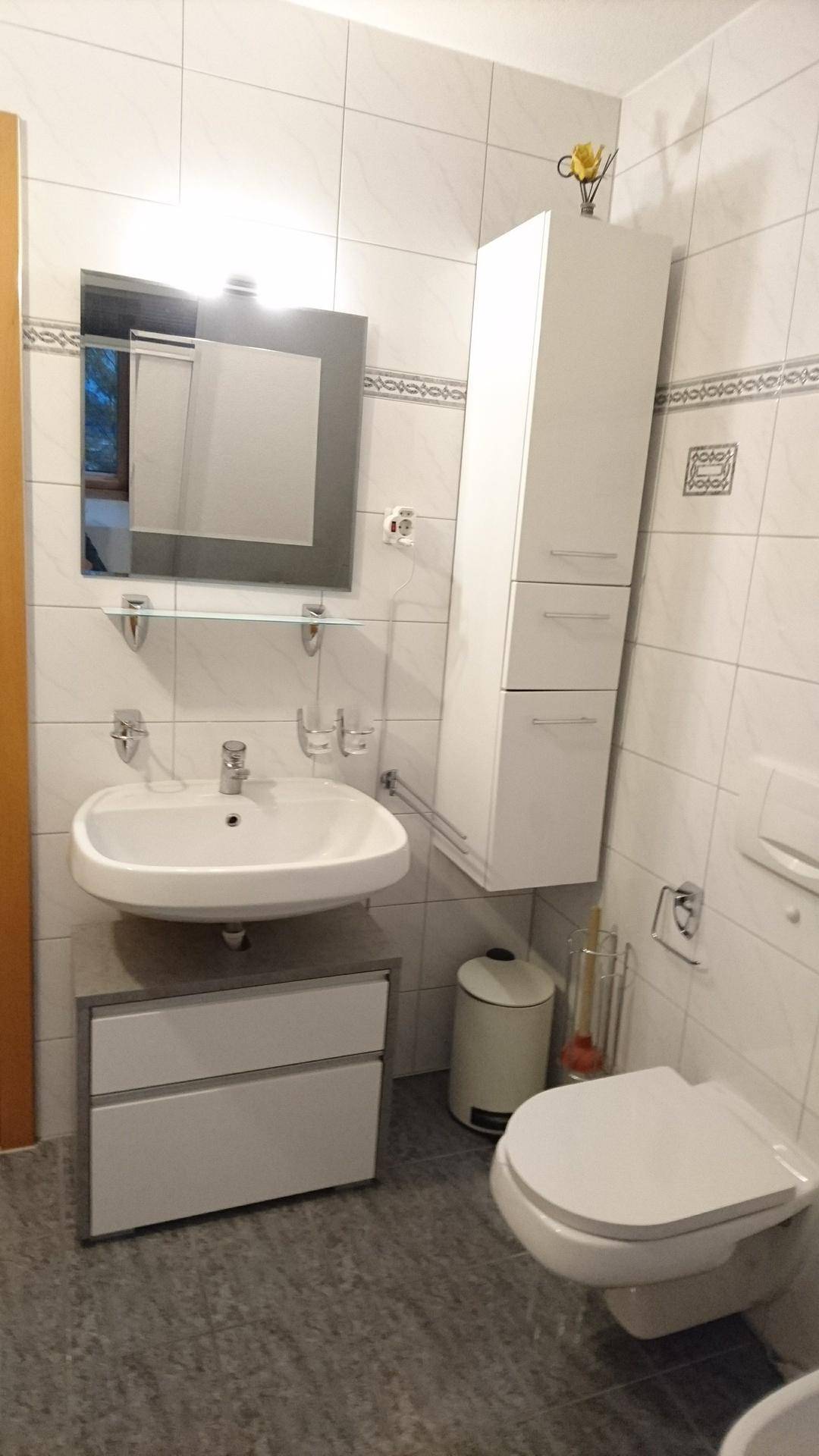 Modernes Gäste-WC mit Wand-WC, Waschbecken und Spiegelschrank.