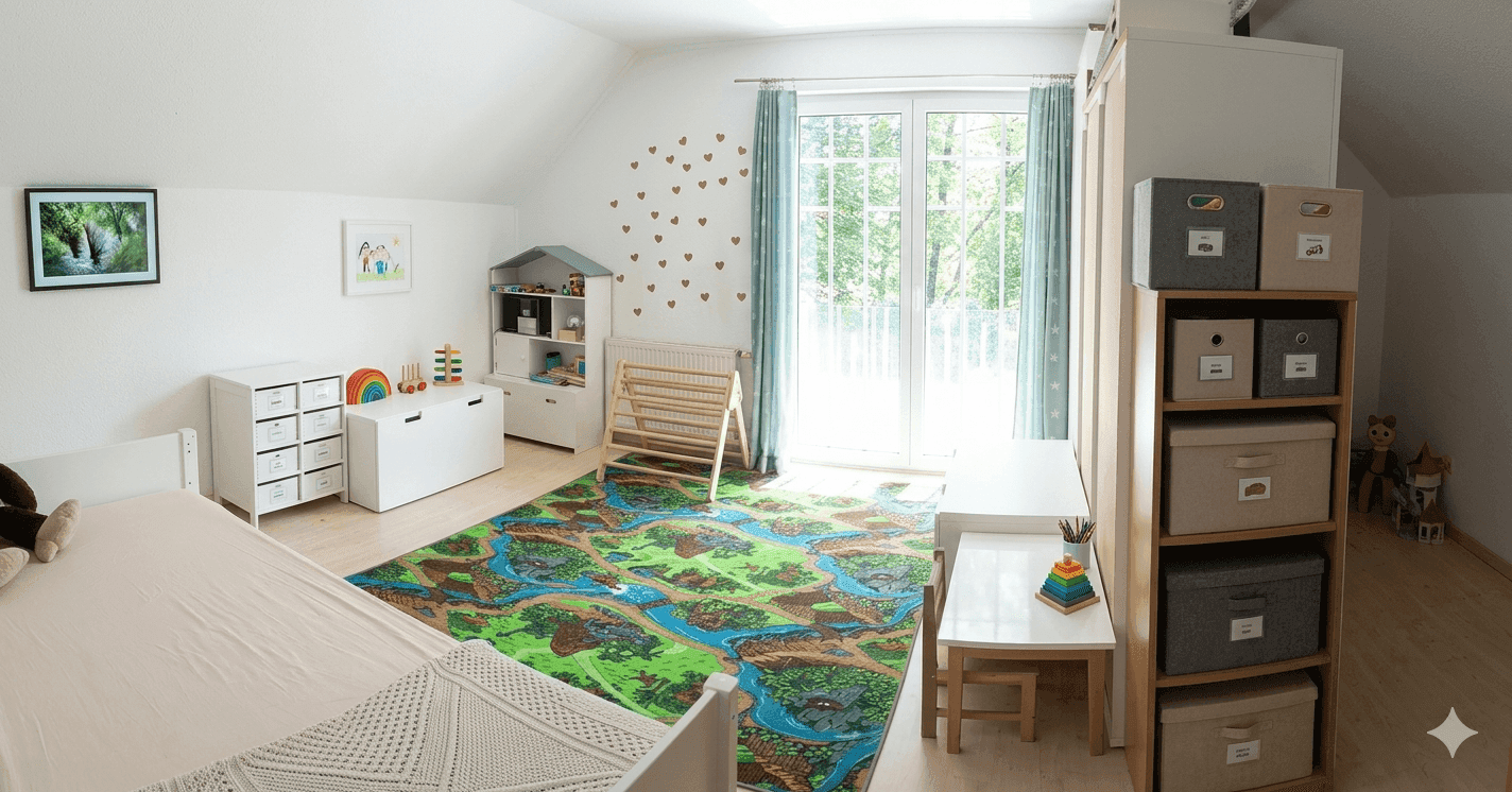 Helles Kinderzimmer mit Holzboden, Spielteppich und Zugang zum Balkon oder Garten.