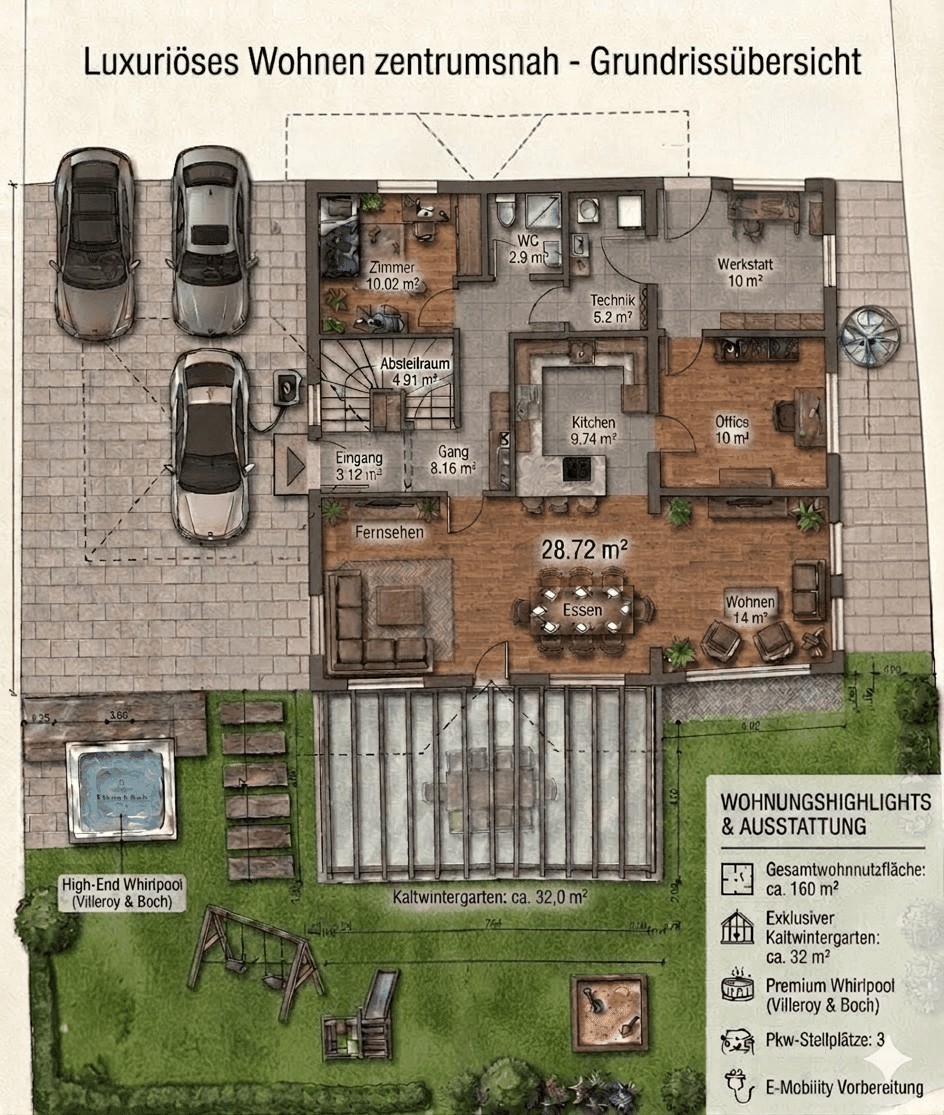 Grundrissübersicht eines luxuriösen Wohnhauses mit offenem Wohnbereich, Wintergarten, Whirlpool und Garten.