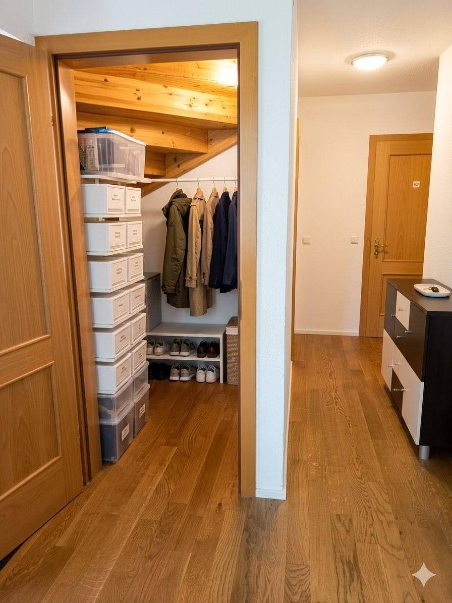 Flur mit Holzboden und praktischem Stauraum unter der Treppe für Kleidung und Schuhe.
