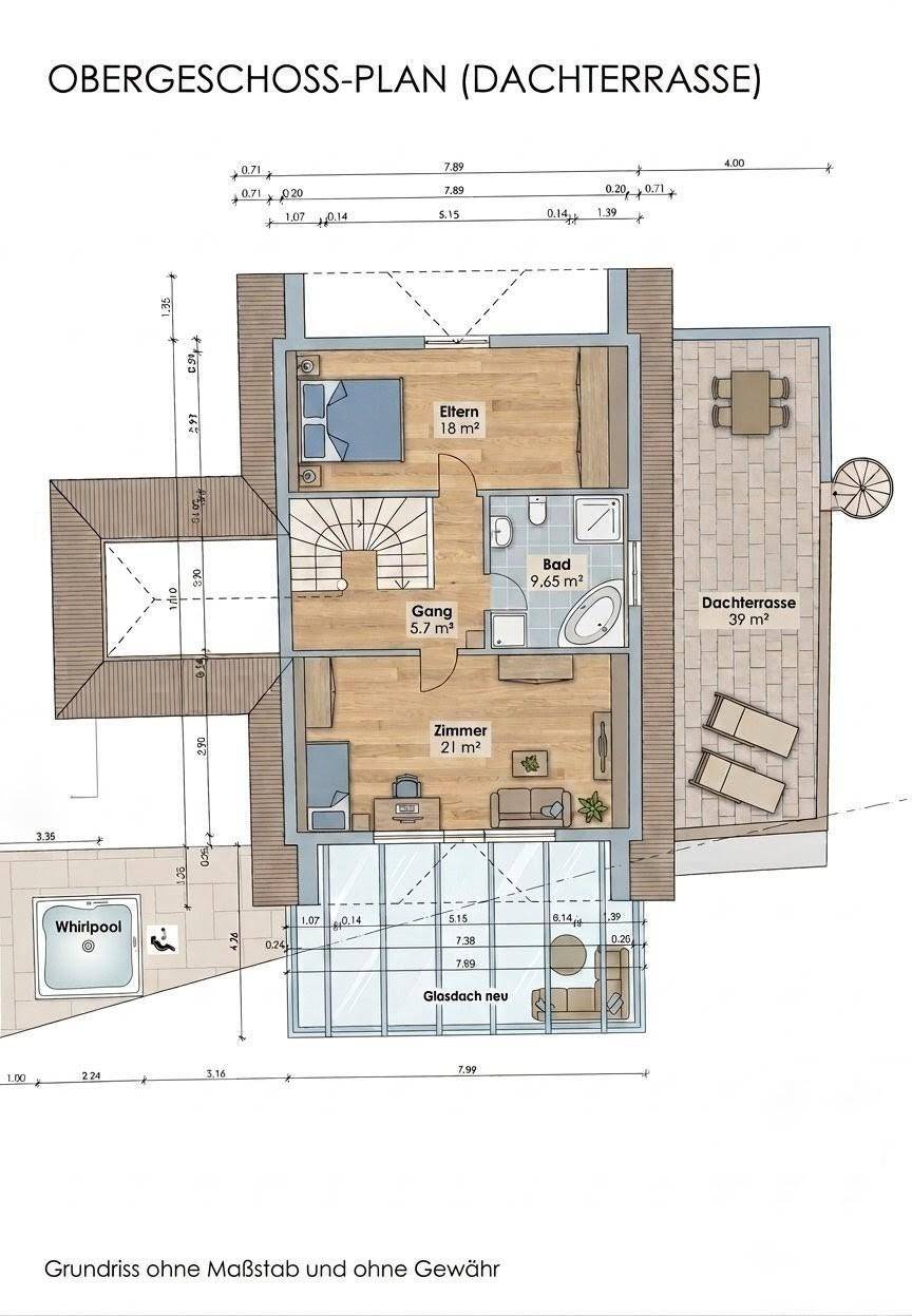 Grundriss des Obergeschosses mit Schlafzimmern, Bad und großer Dachterrasse.