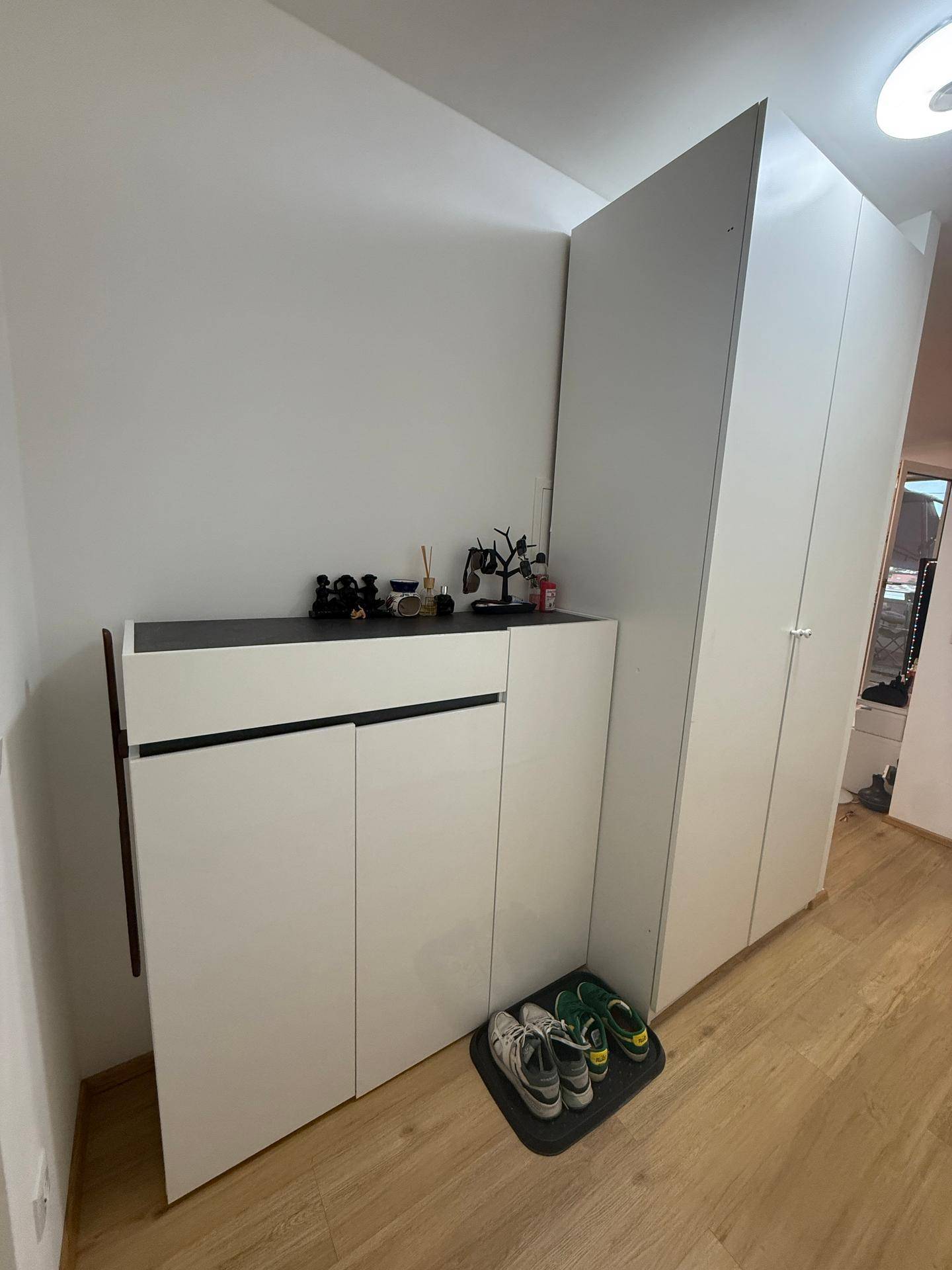 Eingangsbereich mit praktischem Schuhschrank und integrierten Garderobenschränken auf Holzboden.