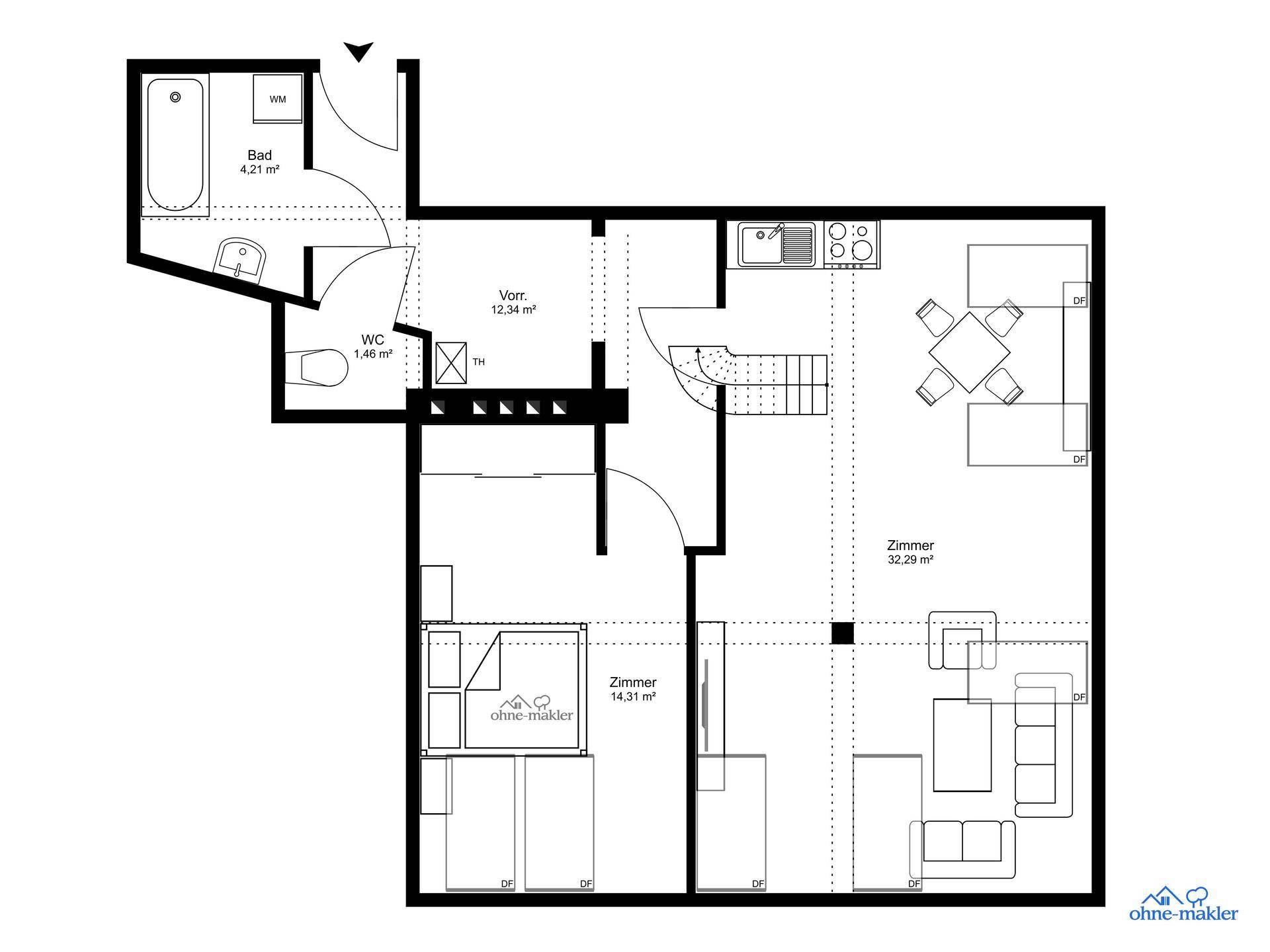Grundriss der Wohnung mit Bad, WC und mehreren Zimmern, inklusive Möblierungsbeispielen.
