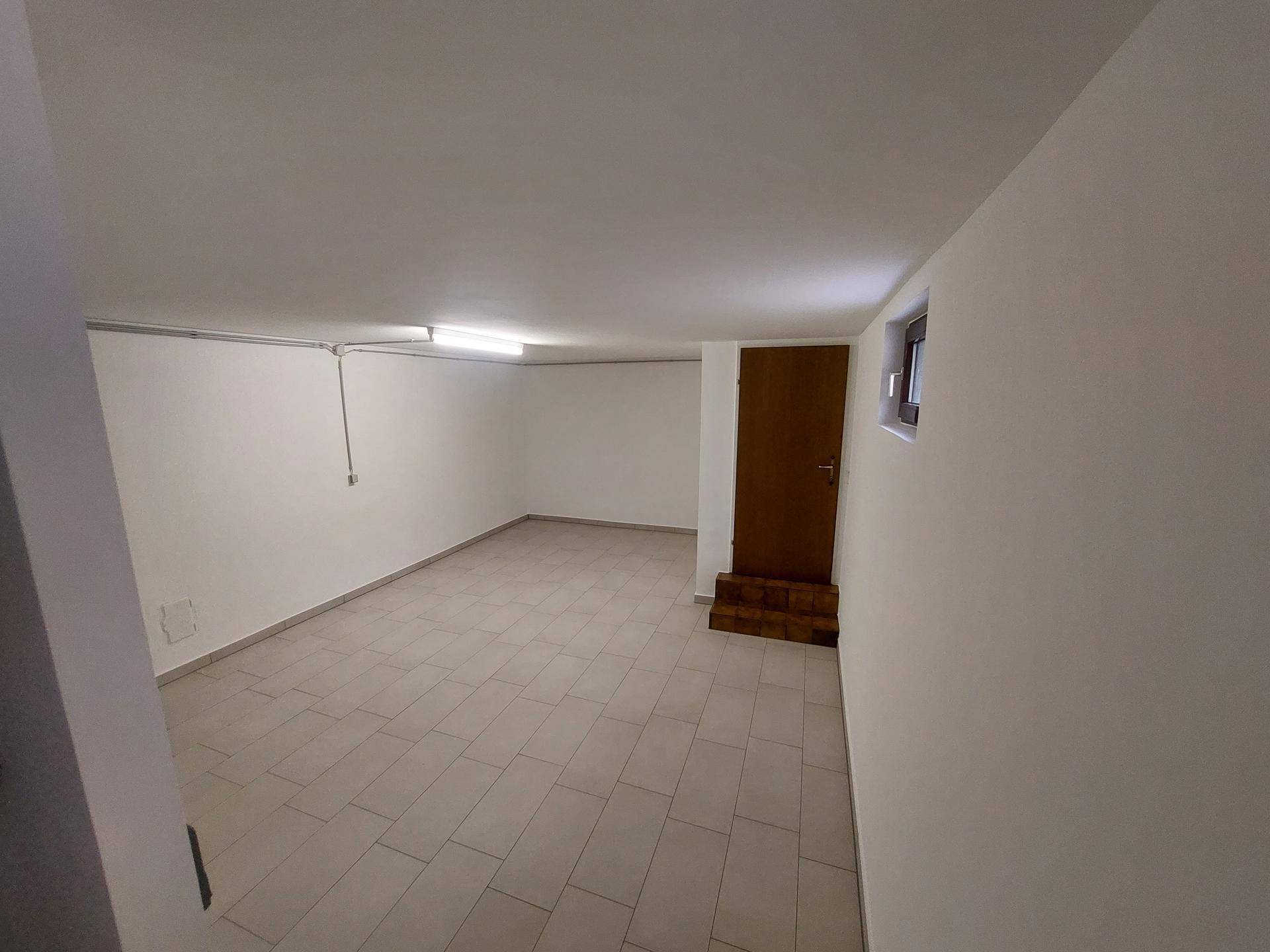 Geräumiger Kellerraum mit Fliesenboden, weiß gestrichenen Wänden und Holztür.