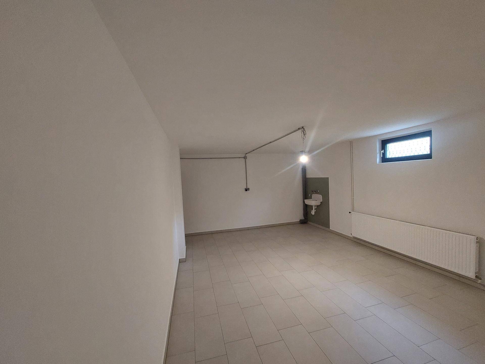 Funktionaler Kellerraum mit Waschbecken, Heizkörper und kleinem Fenster.