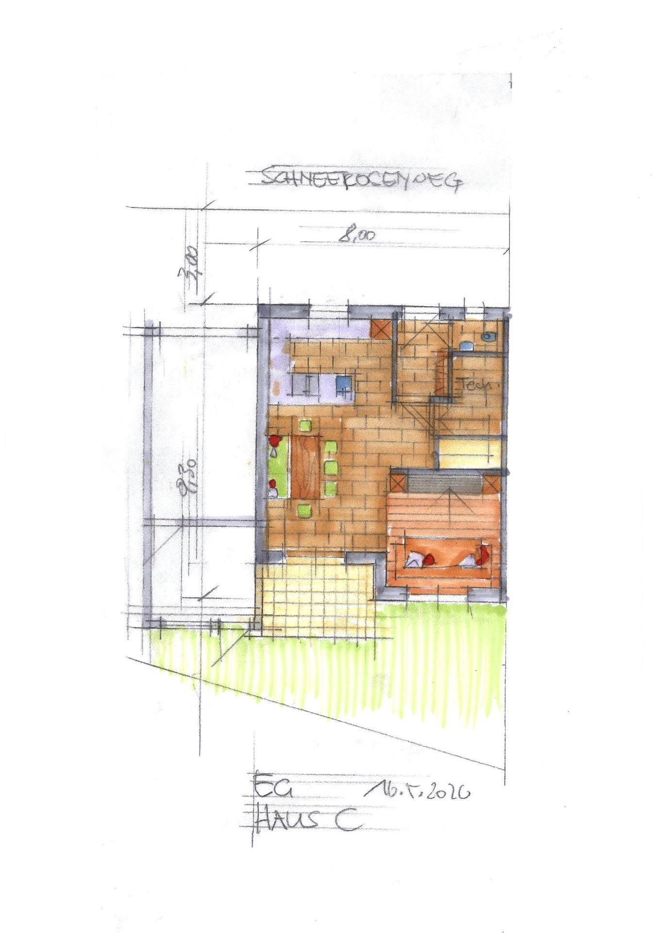 Handgezeichneter Grundriss des Erdgeschosses von Haus C mit offenem Wohnbereich und Terrassenzugang.