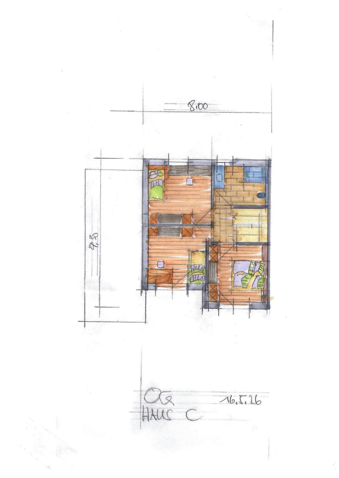 Handgezeichneter Grundriss des Obergeschosses von Haus C mit Schlafzimmern und Balkonzugang.