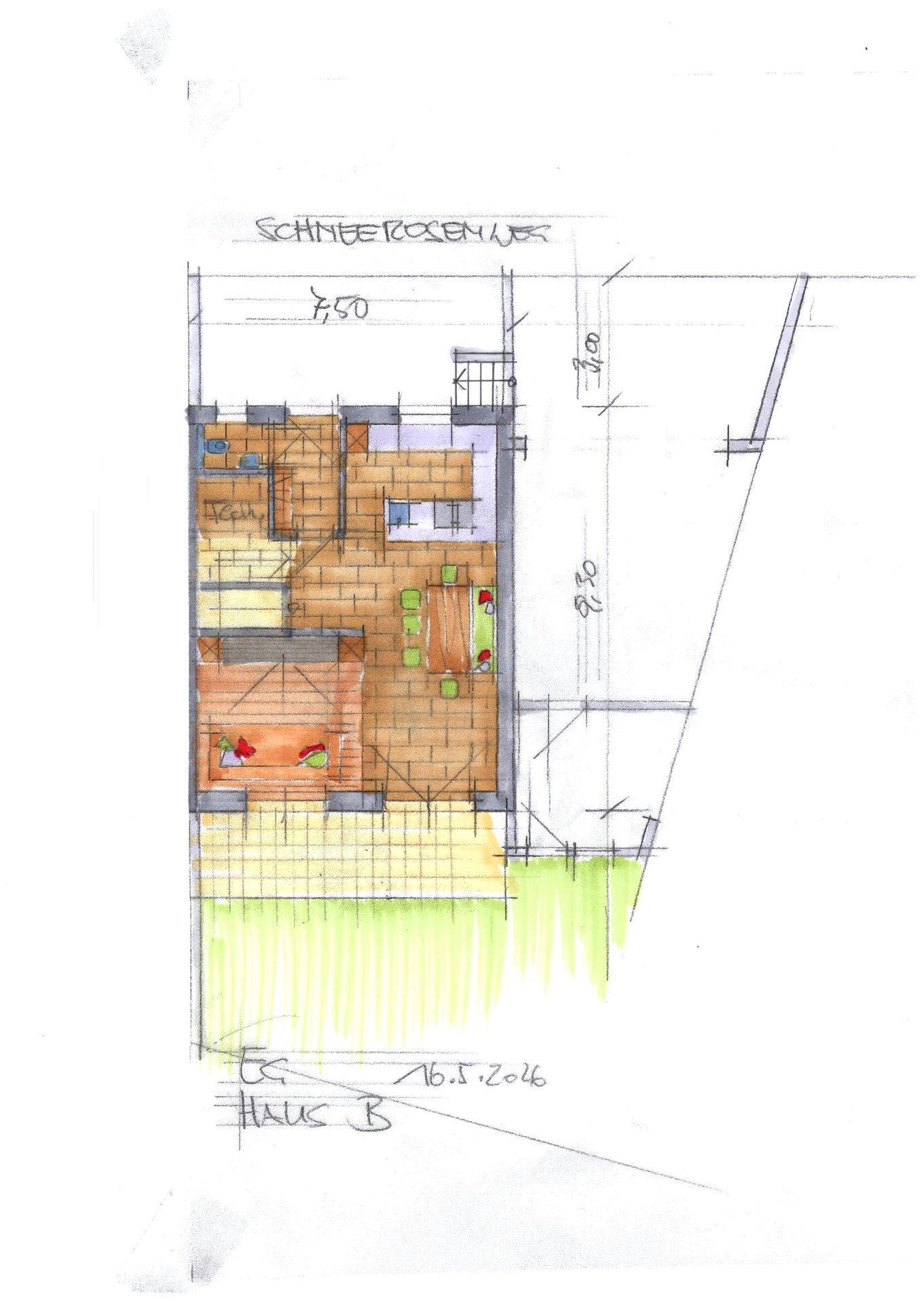 Handgezeichneter Grundriss des Erdgeschosses von Haus B mit offenem Wohnbereich und Zugang zum Garten.