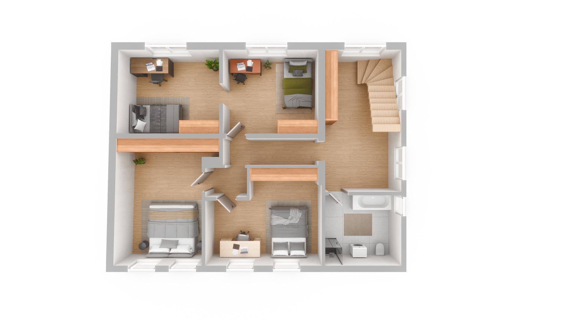 Grundriss des Obergeschosses mit mehreren Schlafzimmern und Badezimmer.