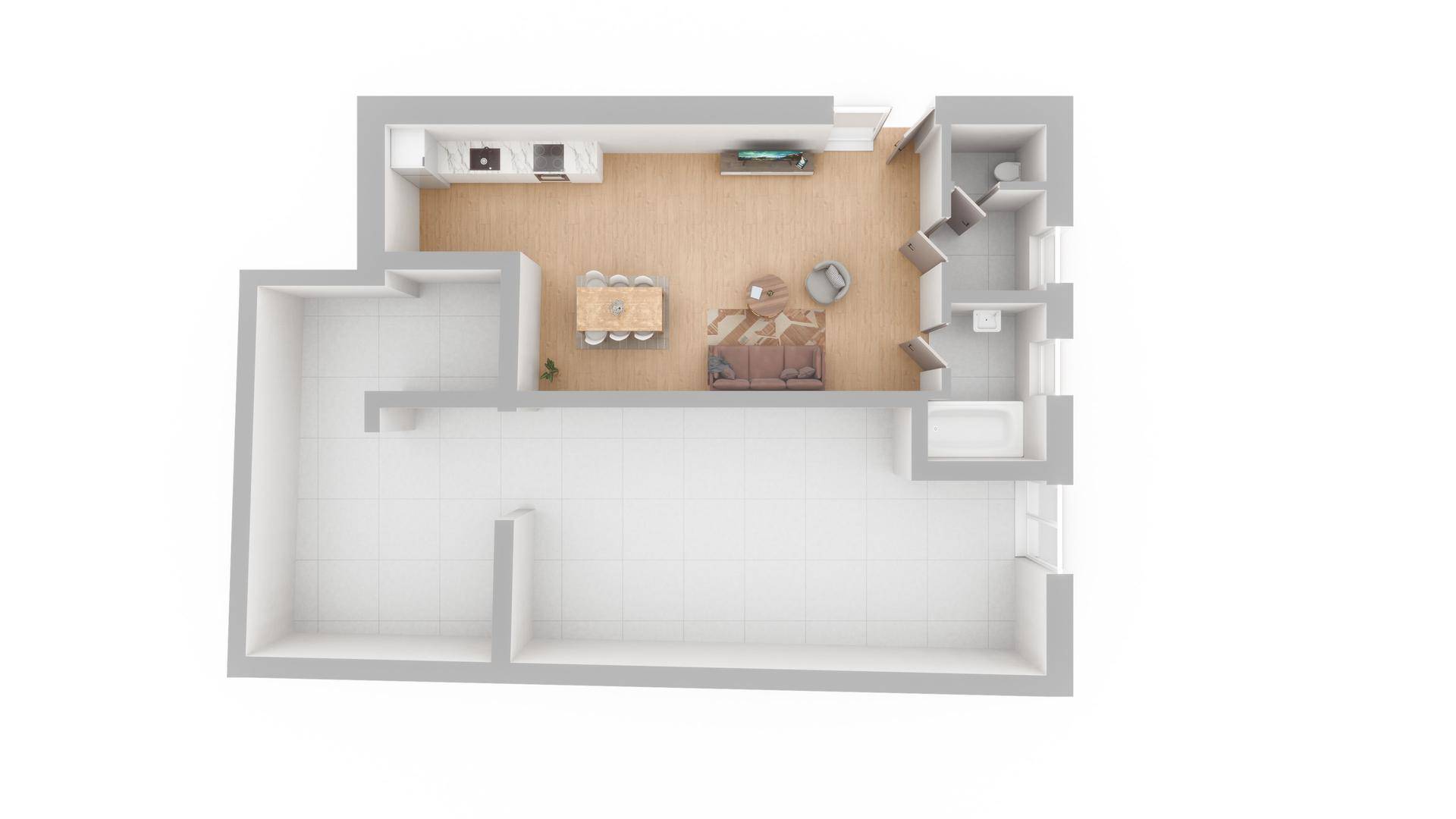 Grundriss einer Wohneinheit mit offenem Wohn-Essbereich und Badezimmer.