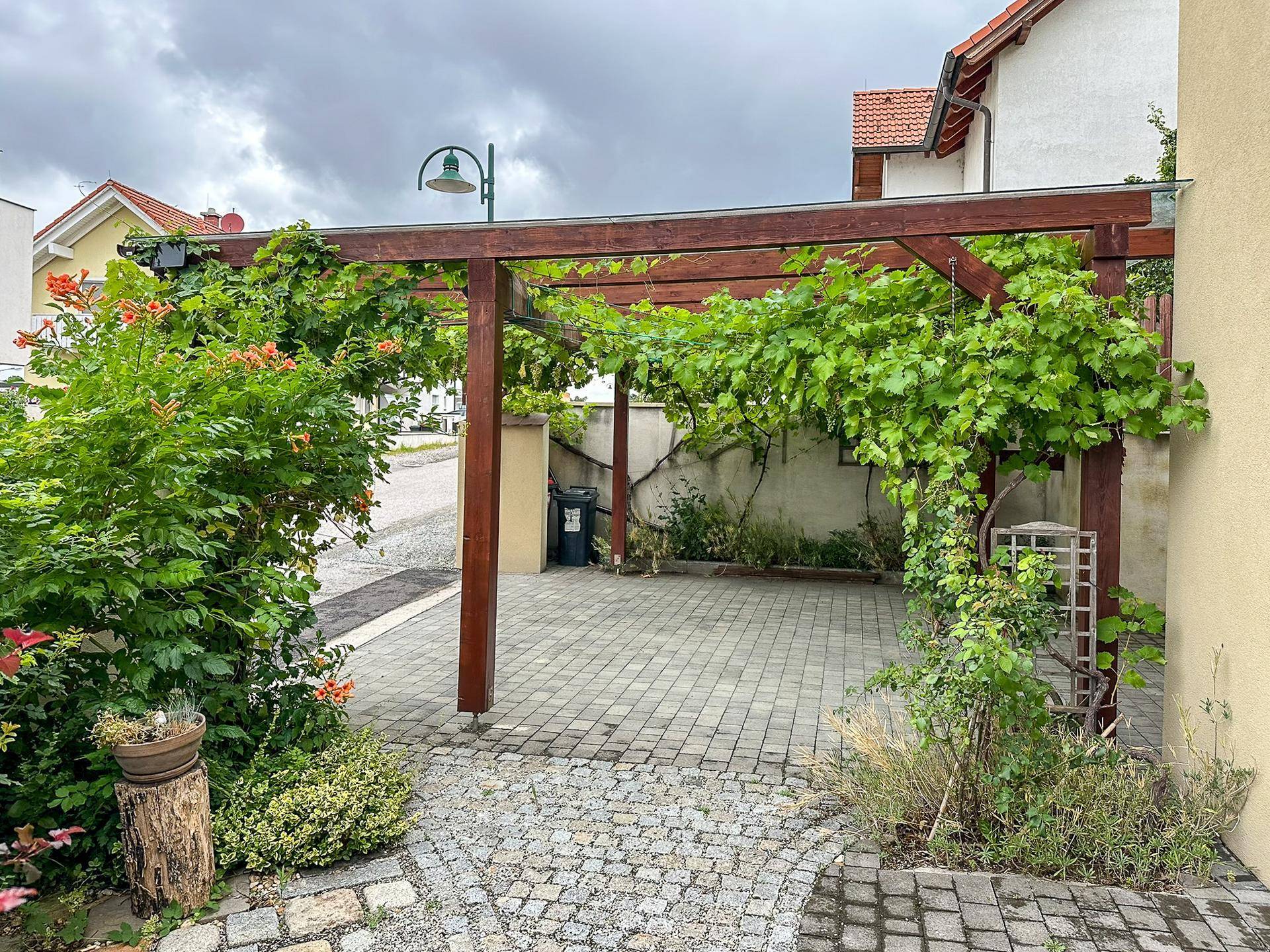 Überdachter Parkplatz mit Holzpergola und Kletterpflanzen, gepflasterter Zufahrt und viel Grün.