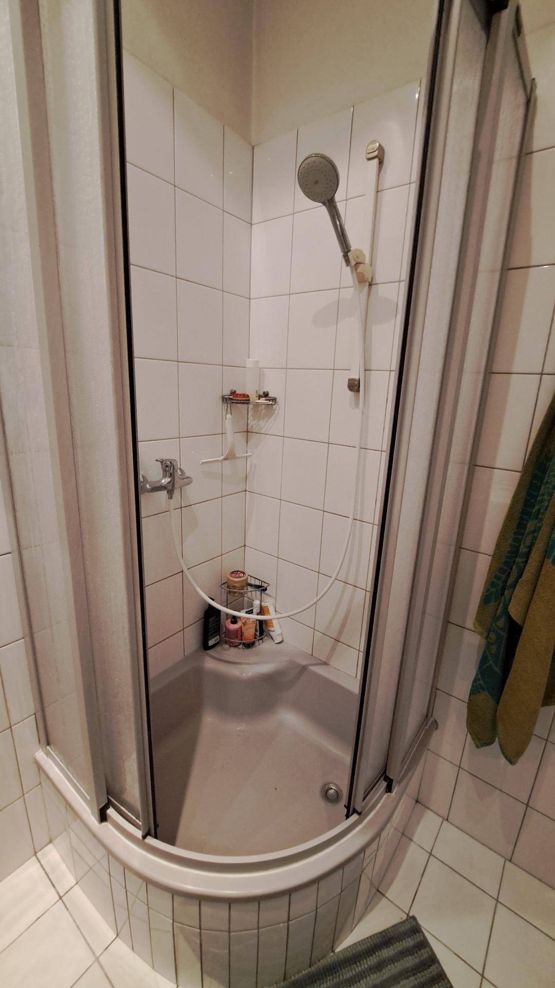 Duschkabine im Badezimmer mit weißen Fliesen und einer praktischen Ecklösung, sauber und gepflegt.