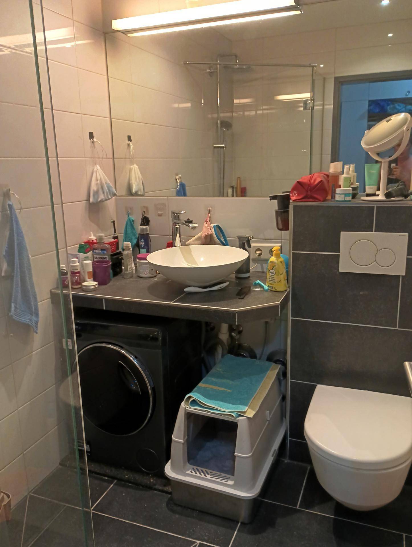Modernes Badezimmer mit Waschbecken, wandhängender Toilette, Duschbereich und integrierter Waschmaschine.