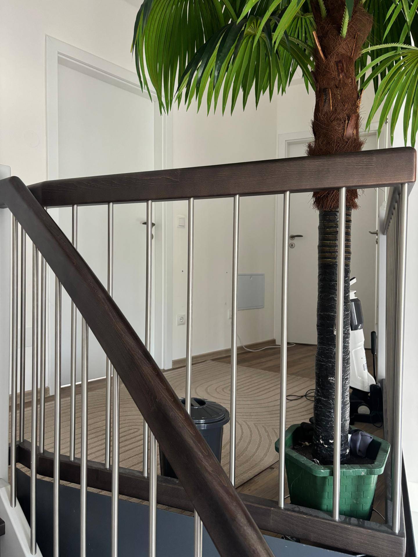 Heller Flur im Obergeschoss mit einer großen Kunstpalme und Teppichboden.