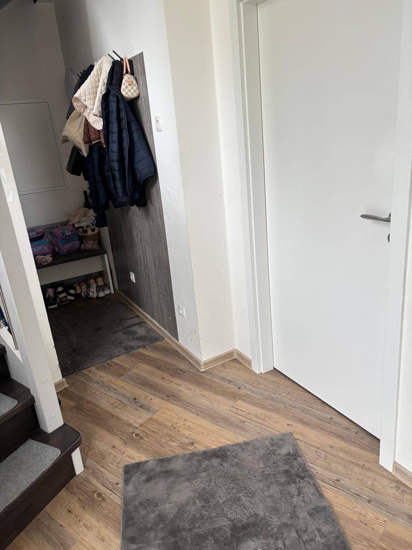 Heller Flur mit Garderobe, Holzoptik-Boden und einer weißen Tür.