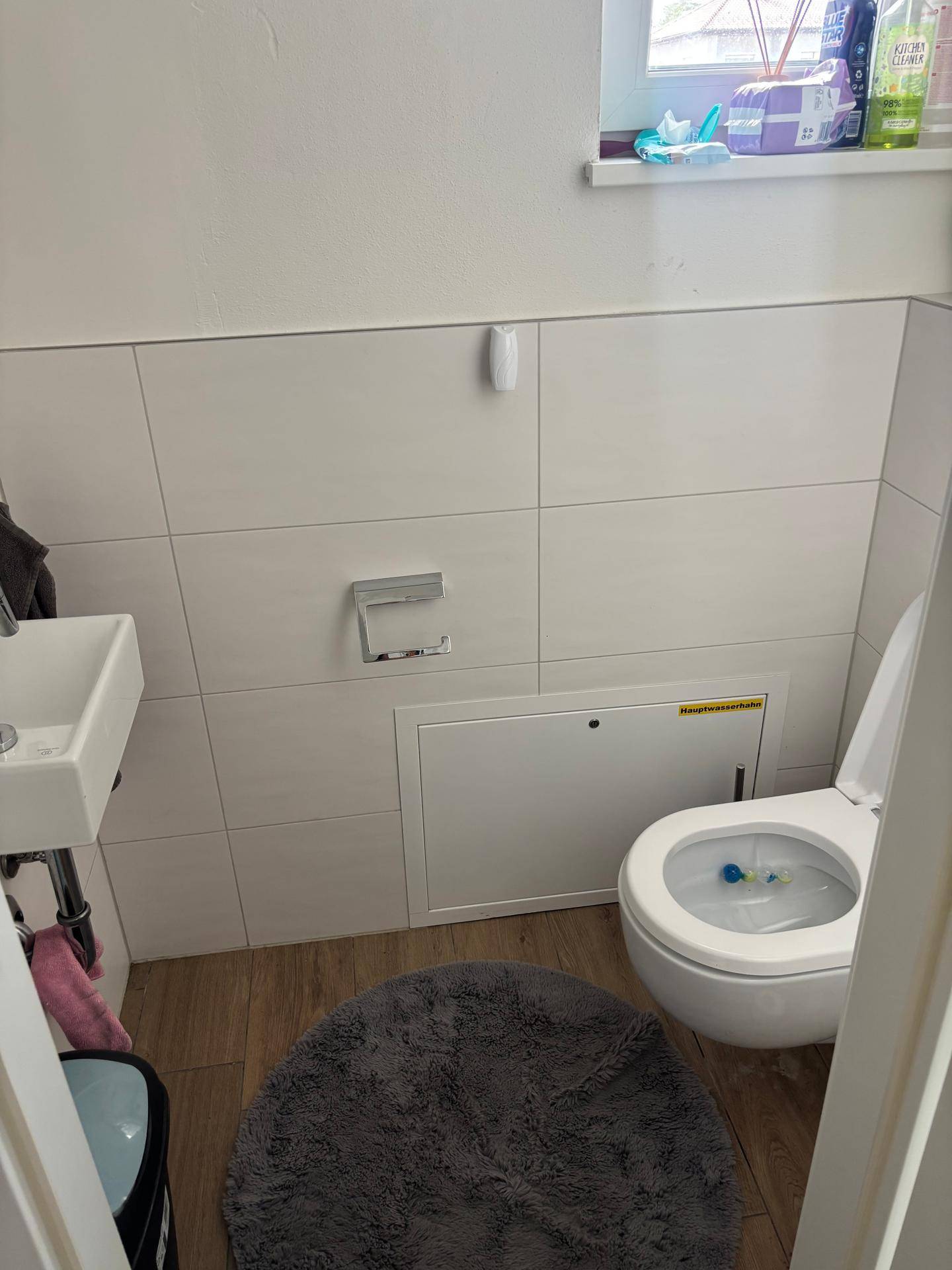 Kleines Gäste-WC mit weiß gefliesten Wänden, wandhängendem WC und kleinem Waschbecken.