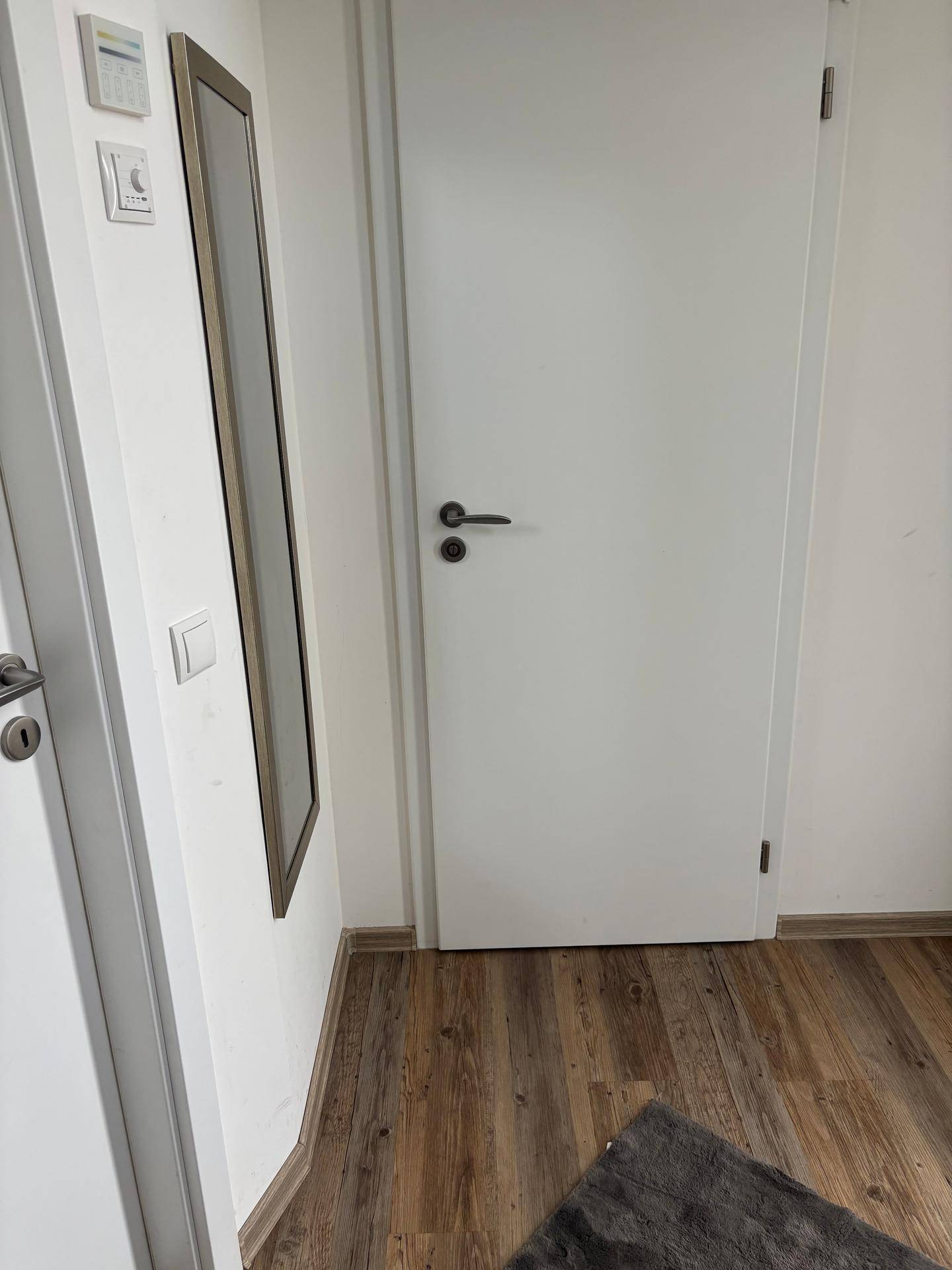 Heller Flur mit Holzoptik-Boden, einem Wandspiegel und einer weißen Tür.