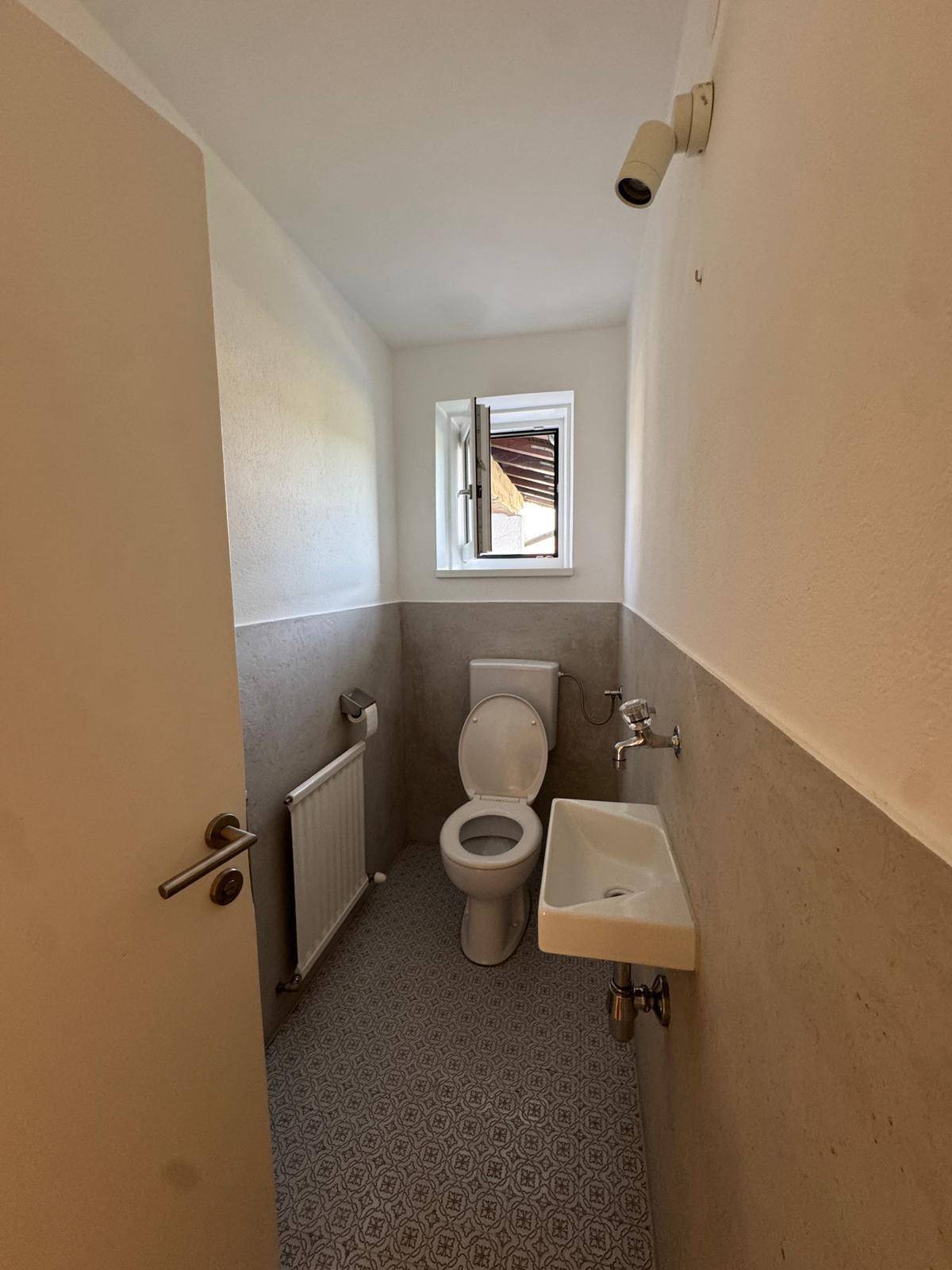 Kleines Gäste-WC mit Fenster, Toilette und Handwaschbecken, praktisch und hell.