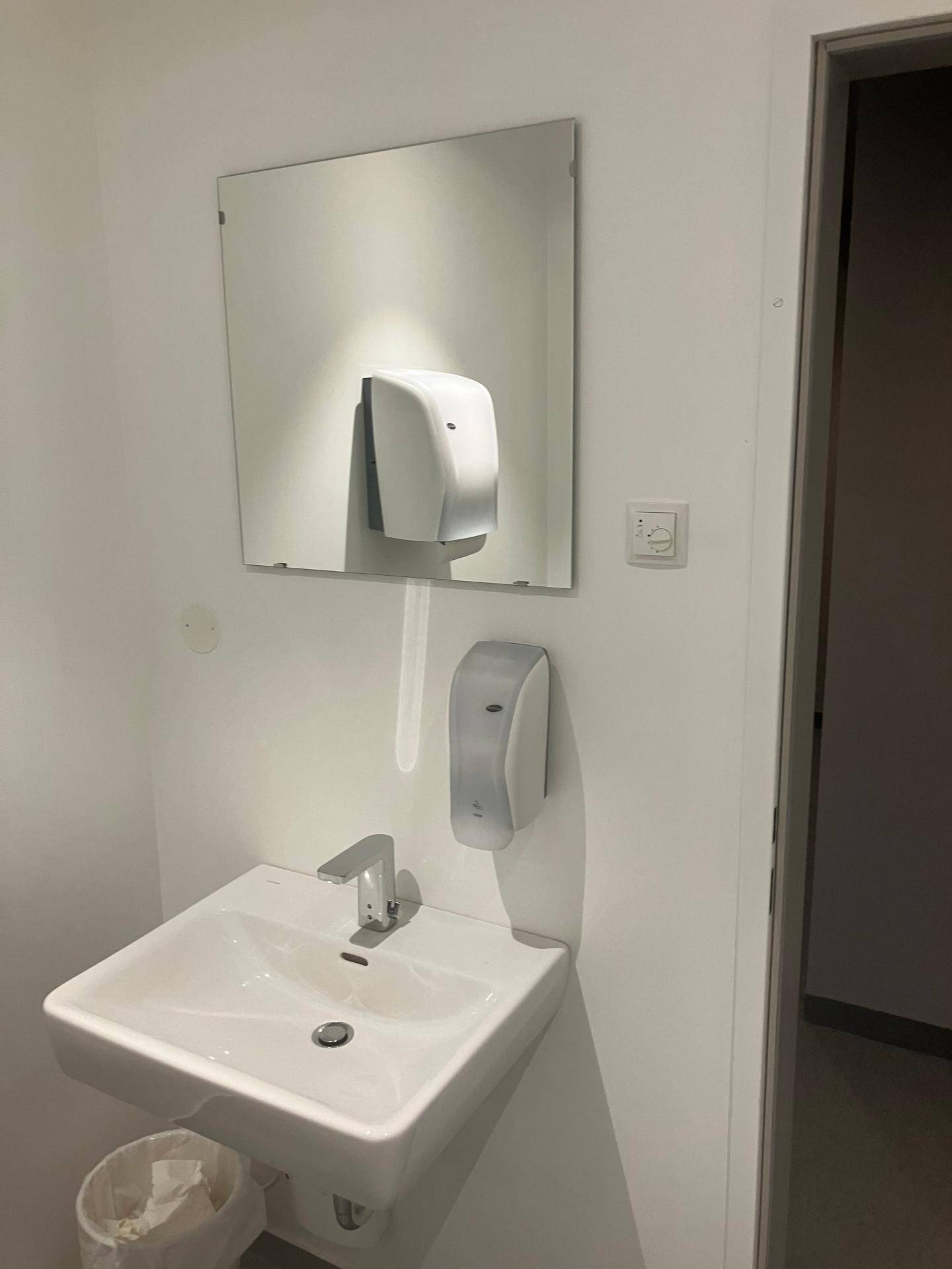 Heller Waschraum mit modernem Waschbecken, Spiegel und Seifenspender an der weißen Wand.