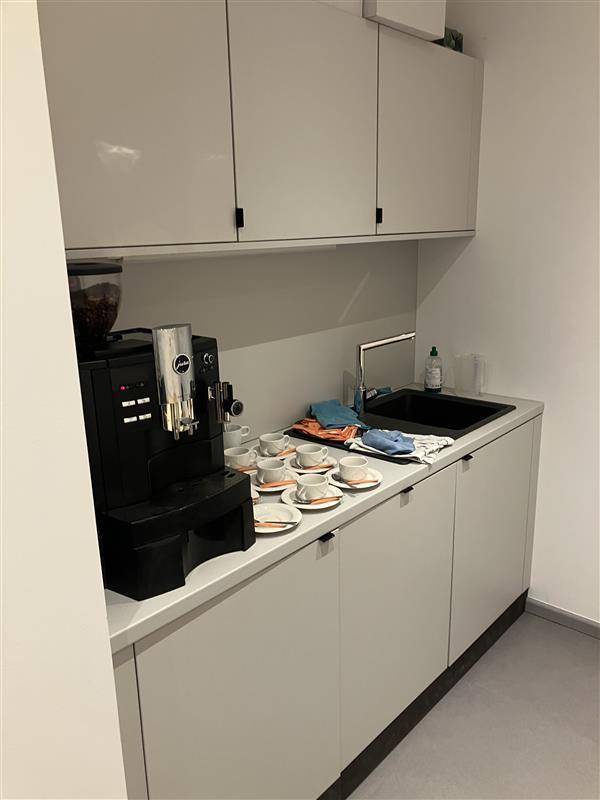 Moderne Küchenzeile mit Kaffeemaschine, Spülbecken und hellgrauen Schränken für den täglichen Gebrauch.