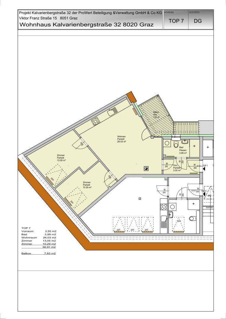 Detaillierter Grundriss der Wohnung mit Raumaufteilung und Balkonzugang.